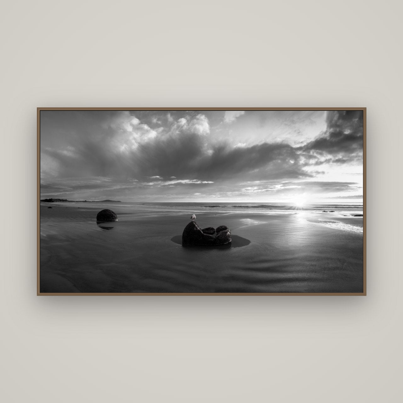 Eternal Guardians, Moeraki Boulders, Basel Walnut, 160×90 cm. New Zealand fine art wall art by Stephen Milner.