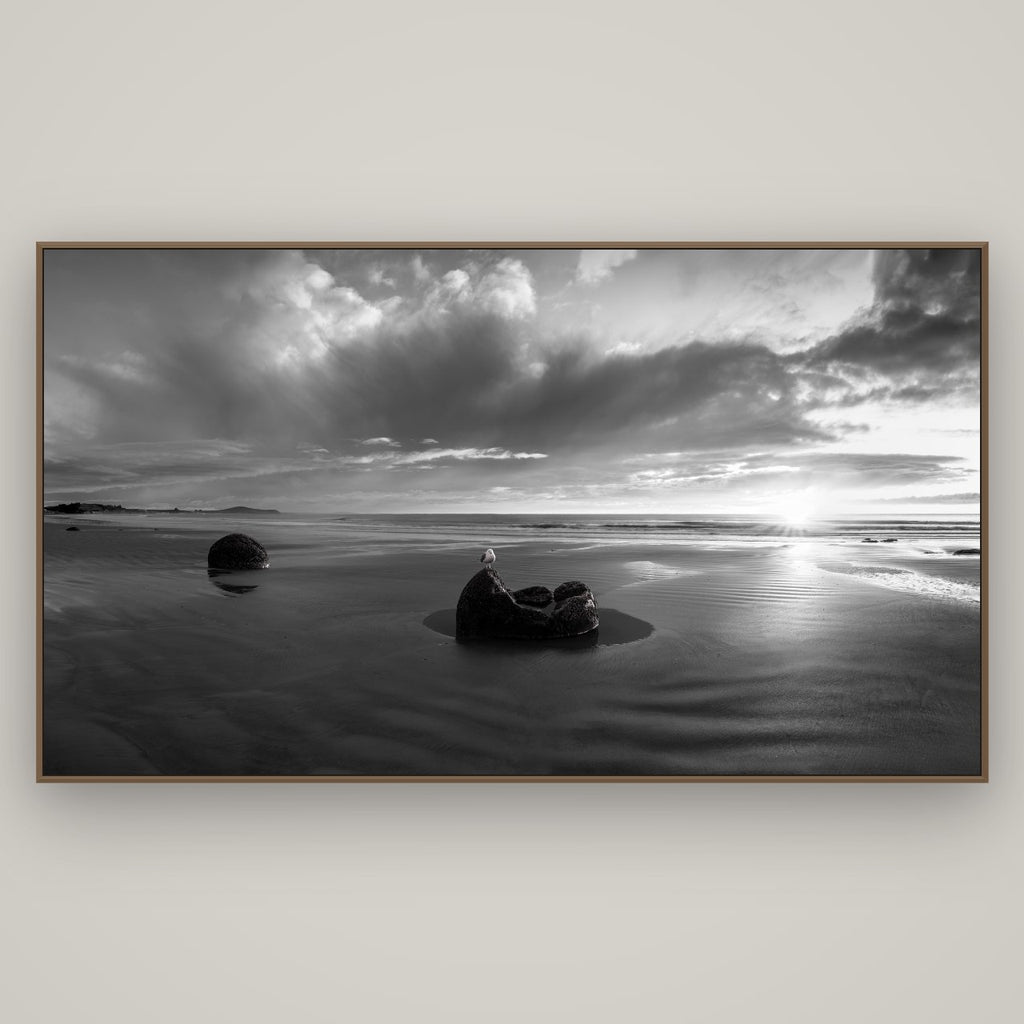 Eternal Guardians, Moeraki Boulders, Basel Walnut, 196×110 cm. New Zealand fine art wall art by Stephen Milner.