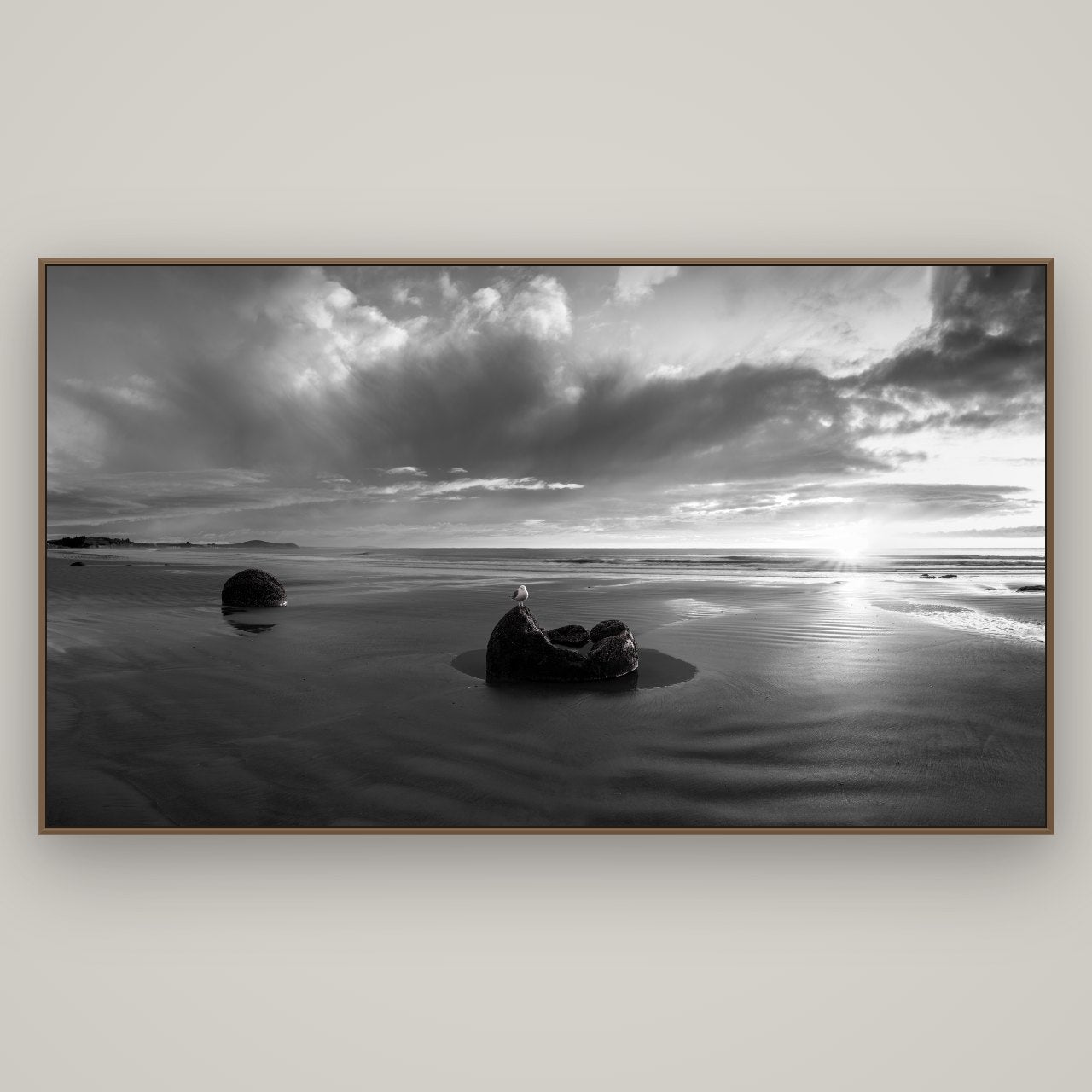 Eternal Guardians, Moeraki Boulders, Basel Walnut, 196×110 cm. New Zealand fine art wall art by Stephen Milner.