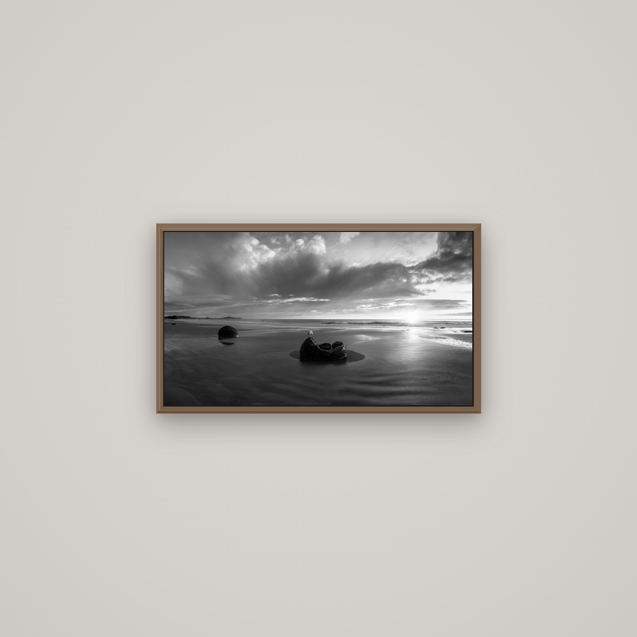 Eternal Guardians, Moeraki Boulders, Basel Walnut, 64×36 cm. New Zealand fine art wall art by Stephen Milner.