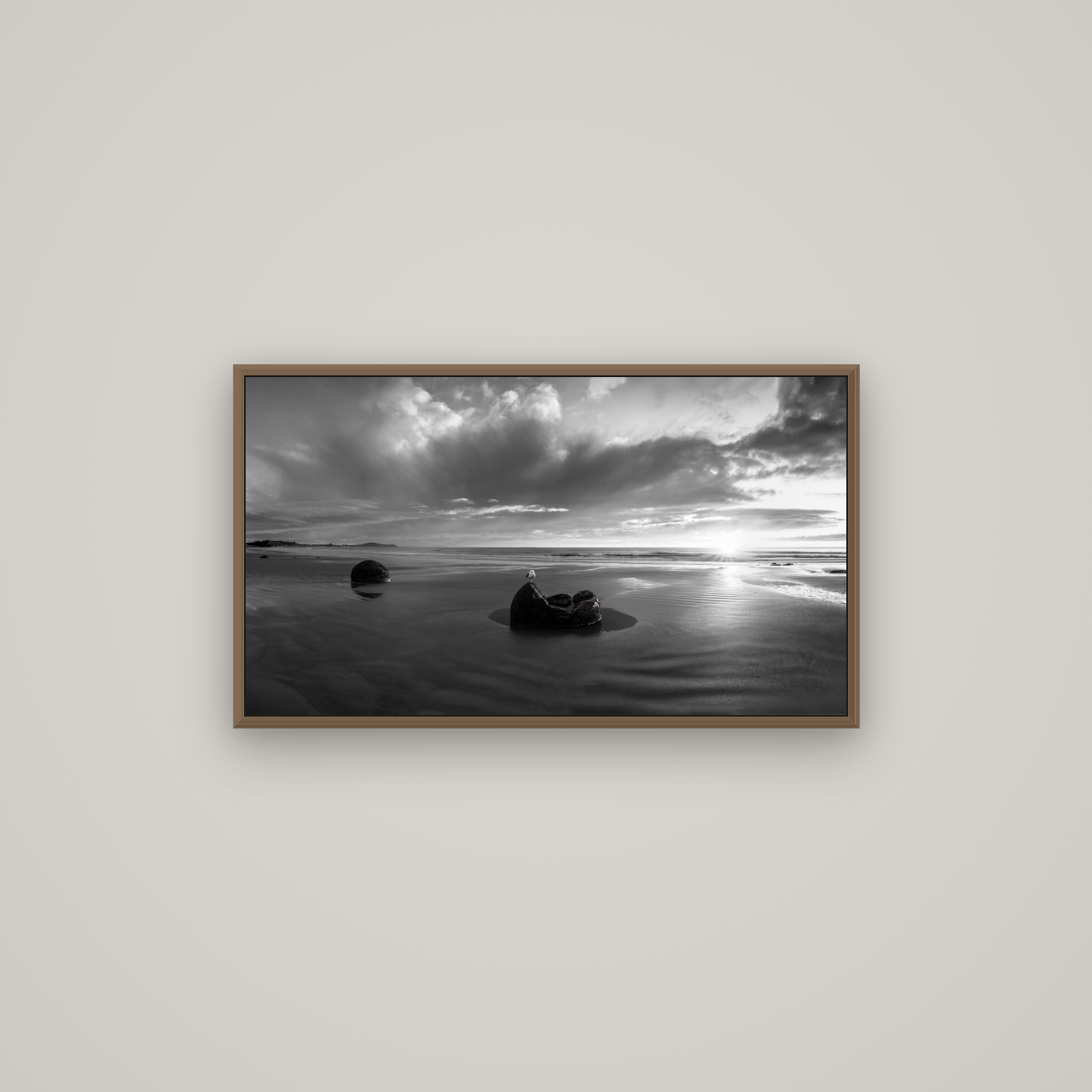 Eternal Guardians, Moeraki Boulders, Basel Walnut, 80×45 cm. New Zealand fine art wall art by Stephen Milner.