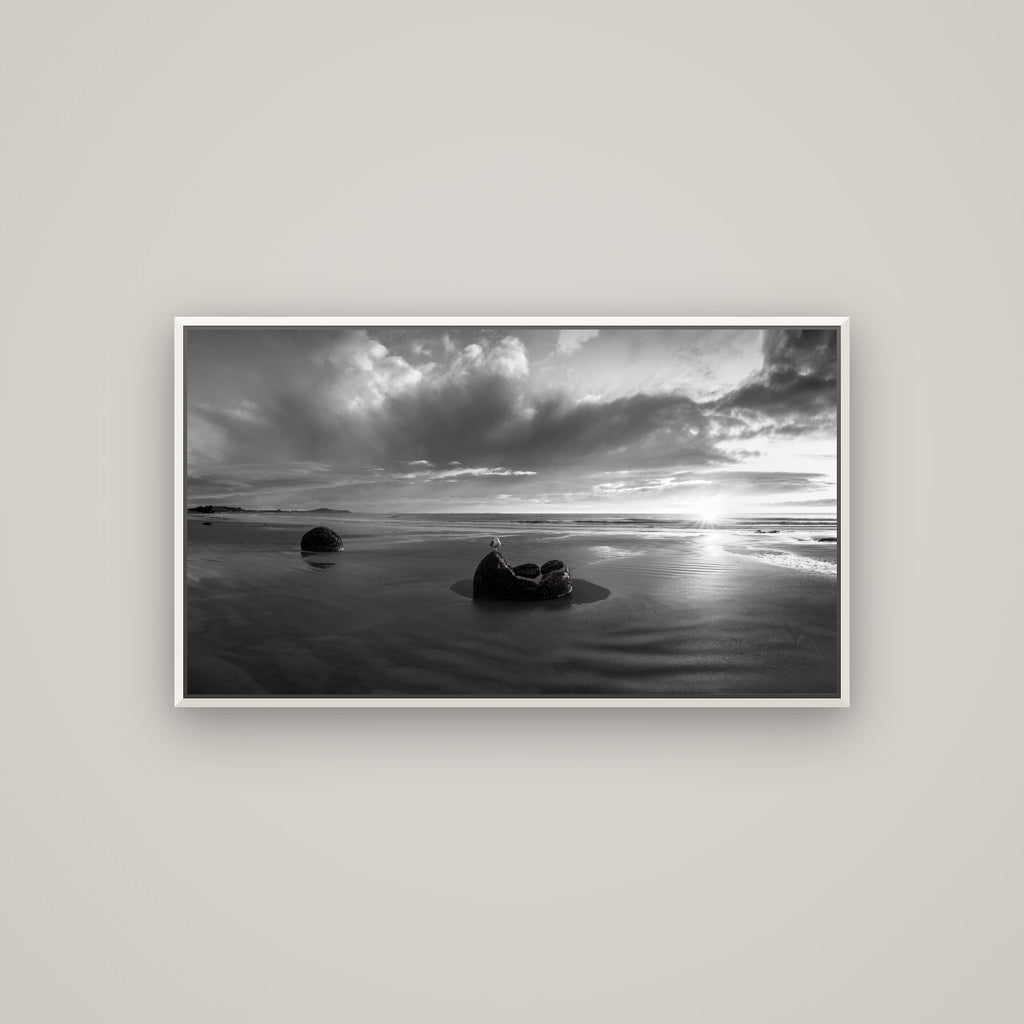 Eternal Guardians, Moeraki Boulders — Basel White, 107×60 cm. New Zealand fine art wall art by Stephen Milner.