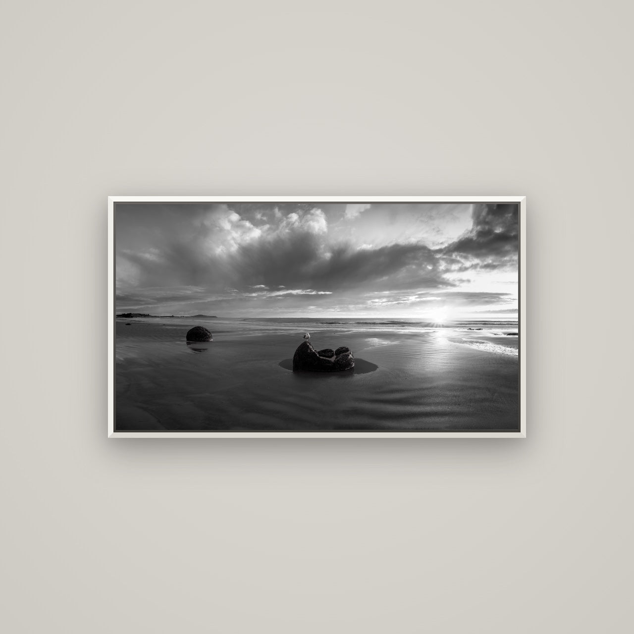 Eternal Guardians, Moeraki Boulders — Basel White, 107×60 cm. New Zealand fine art wall art by Stephen Milner.