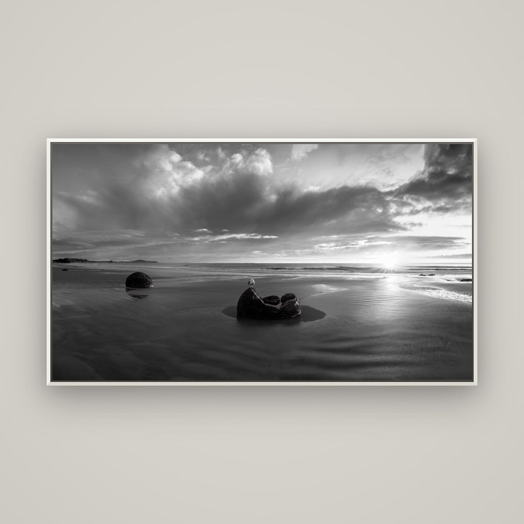 Eternal Guardians, Moeraki Boulders — Basel White, 160×90 cm. New Zealand fine art wall art by Stephen Milner.