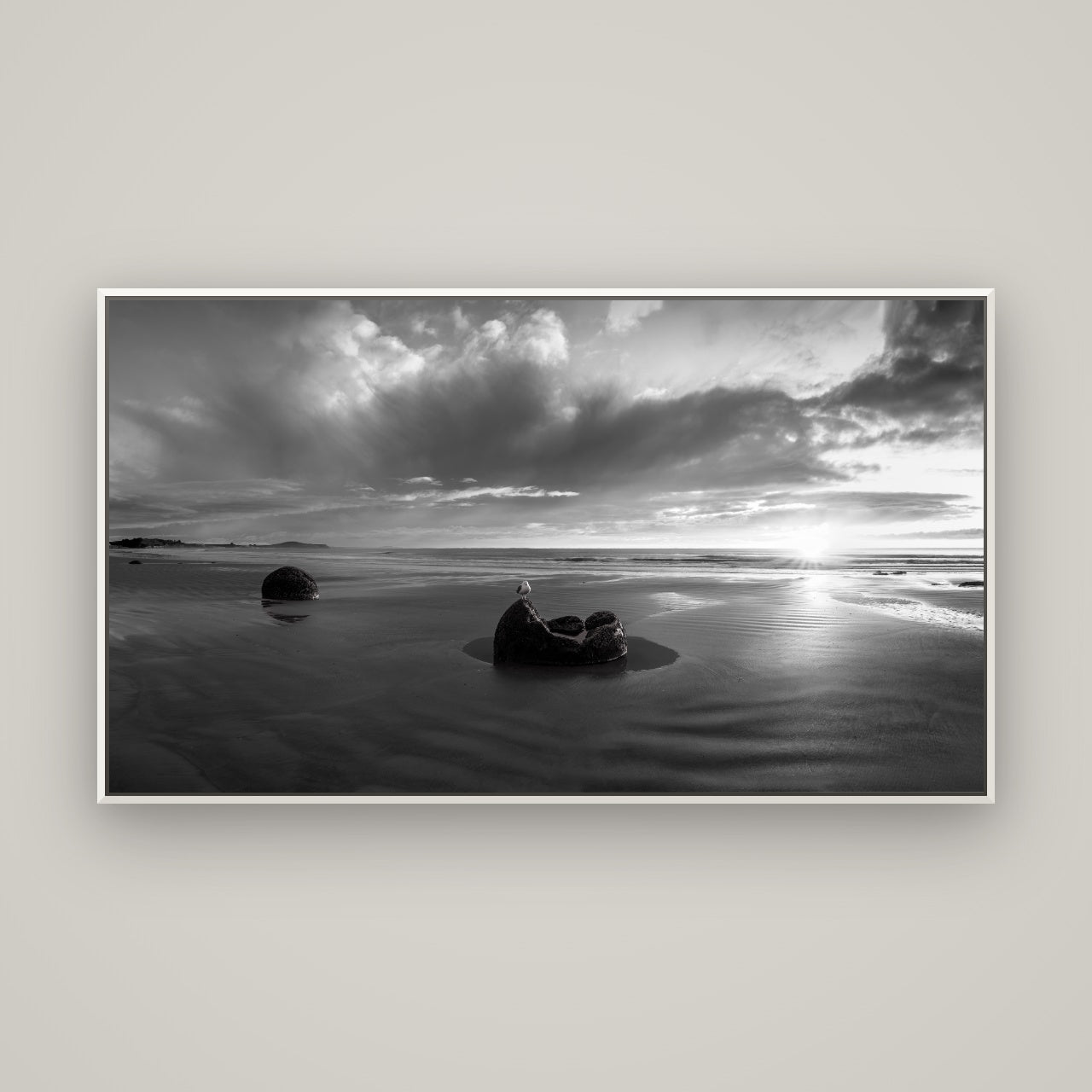 Eternal Guardians, Moeraki Boulders — Basel White, 160×90 cm. New Zealand fine art wall art by Stephen Milner.