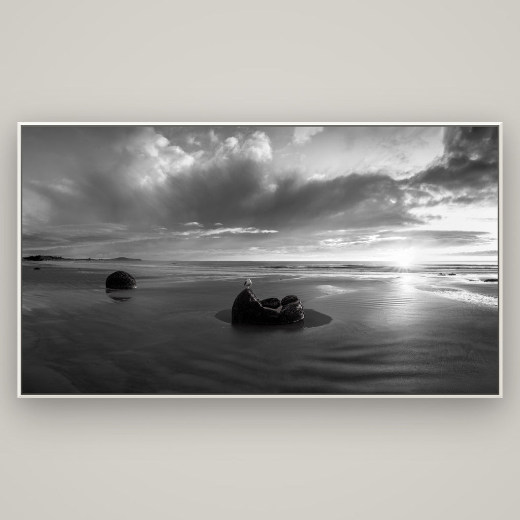 Eternal Guardians, Moeraki Boulders — Basel White, 196×110 cm. New Zealand fine art wall art by Stephen Milner.