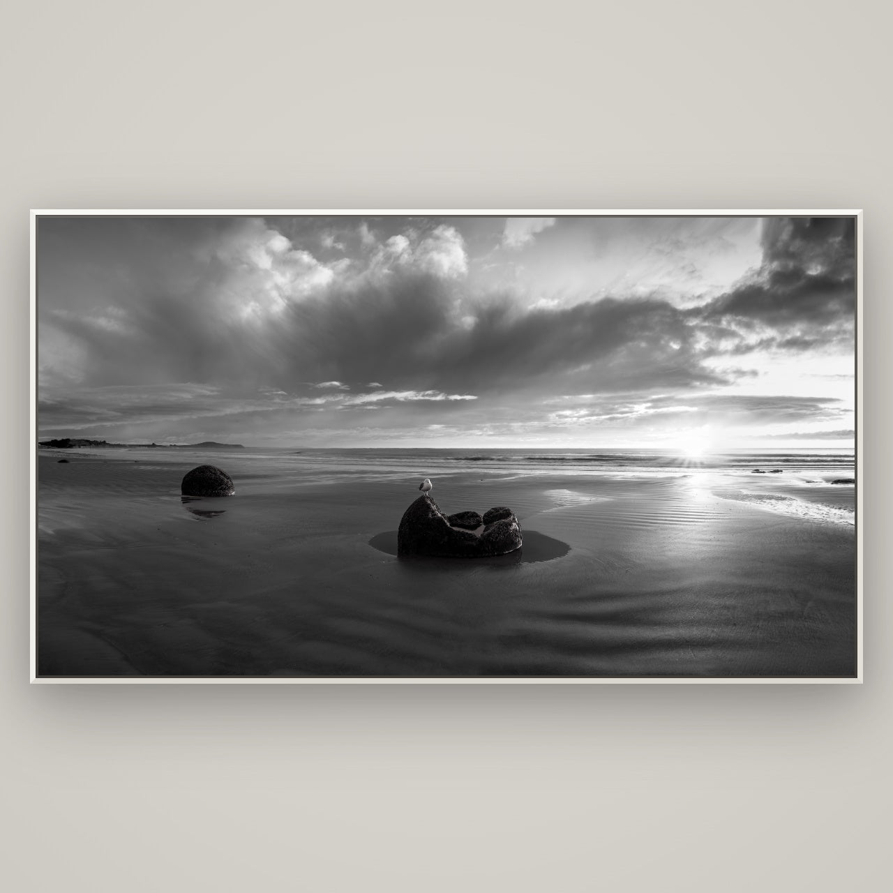 Eternal Guardians, Moeraki Boulders — Basel White, 196×110 cm. New Zealand fine art wall art by Stephen Milner.