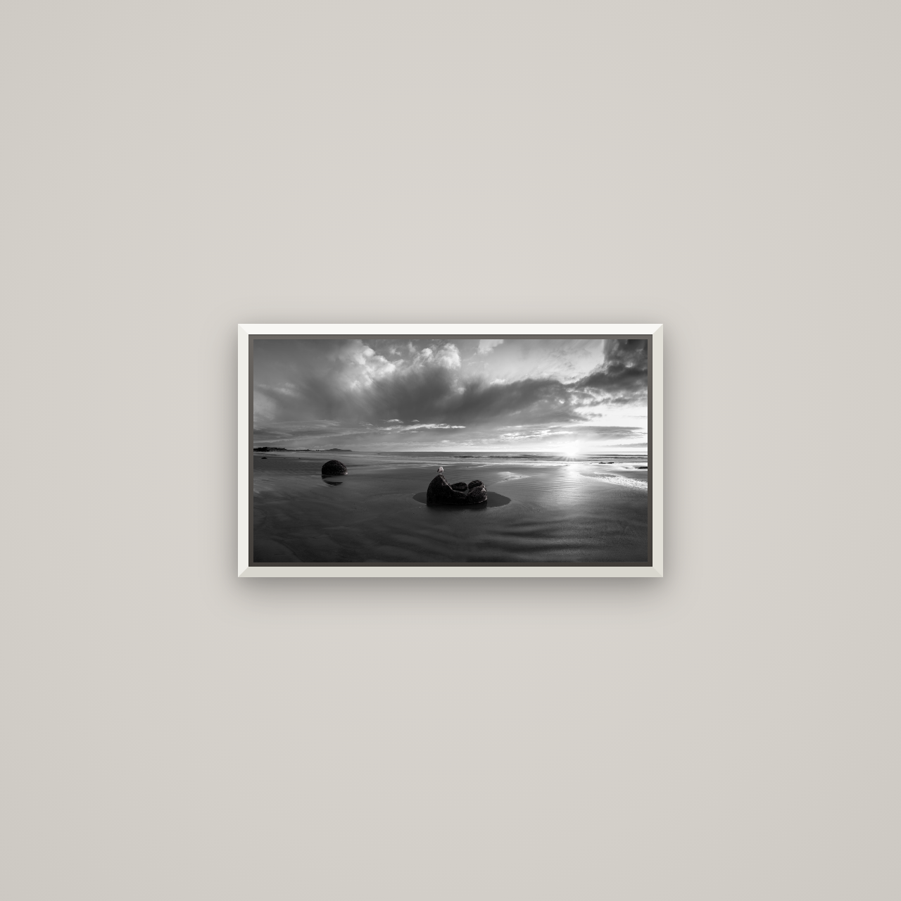 Eternal Guardians, Moeraki Boulders — Basel White, 53×30 cm. New Zealand fine art wall art by Stephen Milner.