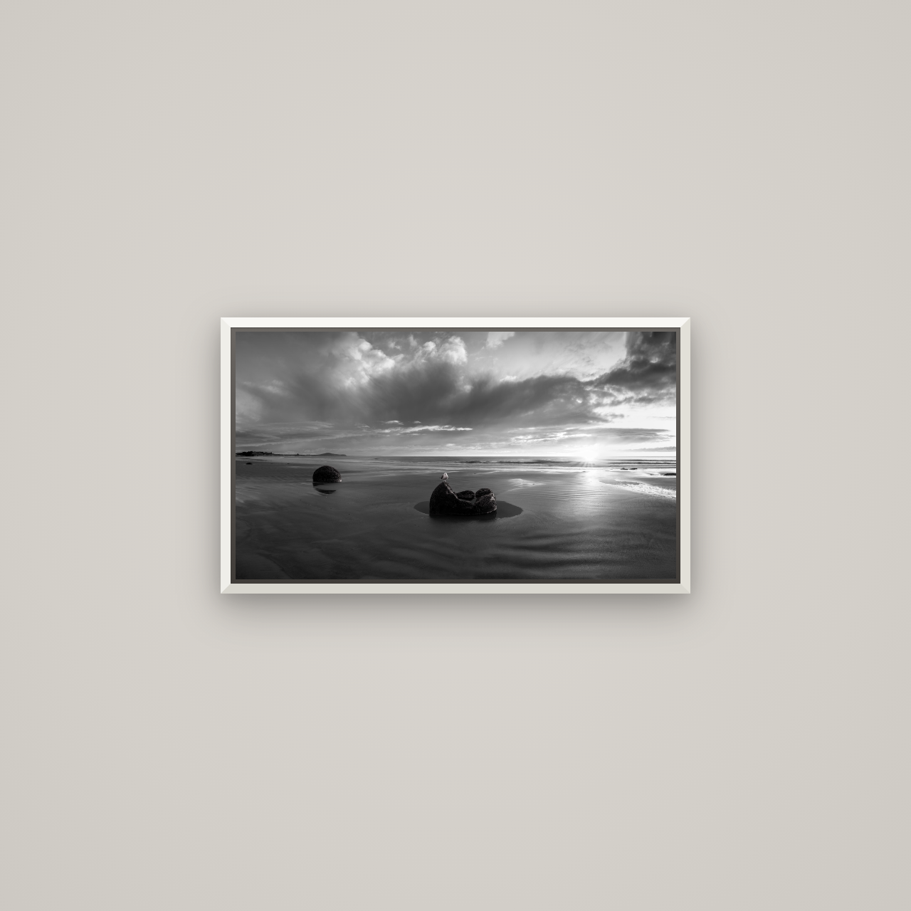 Eternal Guardians, Moeraki Boulders — Basel White, 64×36 cm. New Zealand fine art wall art by Stephen Milner.