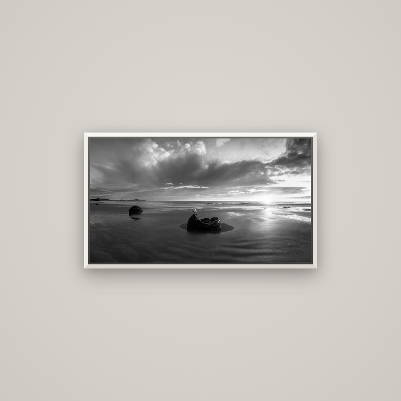 Eternal Guardians, Moeraki Boulders — Basel White, 80×45 cm. New Zealand fine art wall art by Stephen Milner.