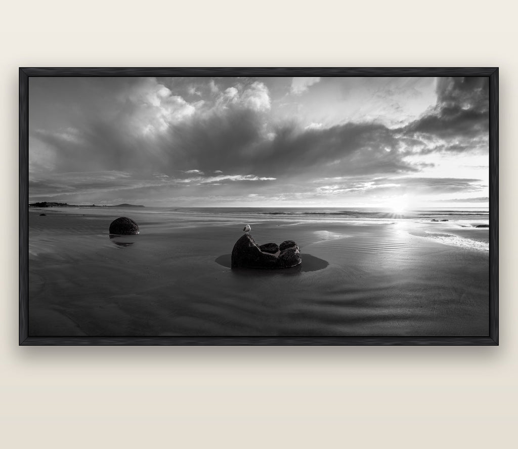Eternal Guardians, Moeraki Boulders — black float frame canvas, 200 × 130 cm. New Zealand fine art landscape wall art by Stephen Milner.
