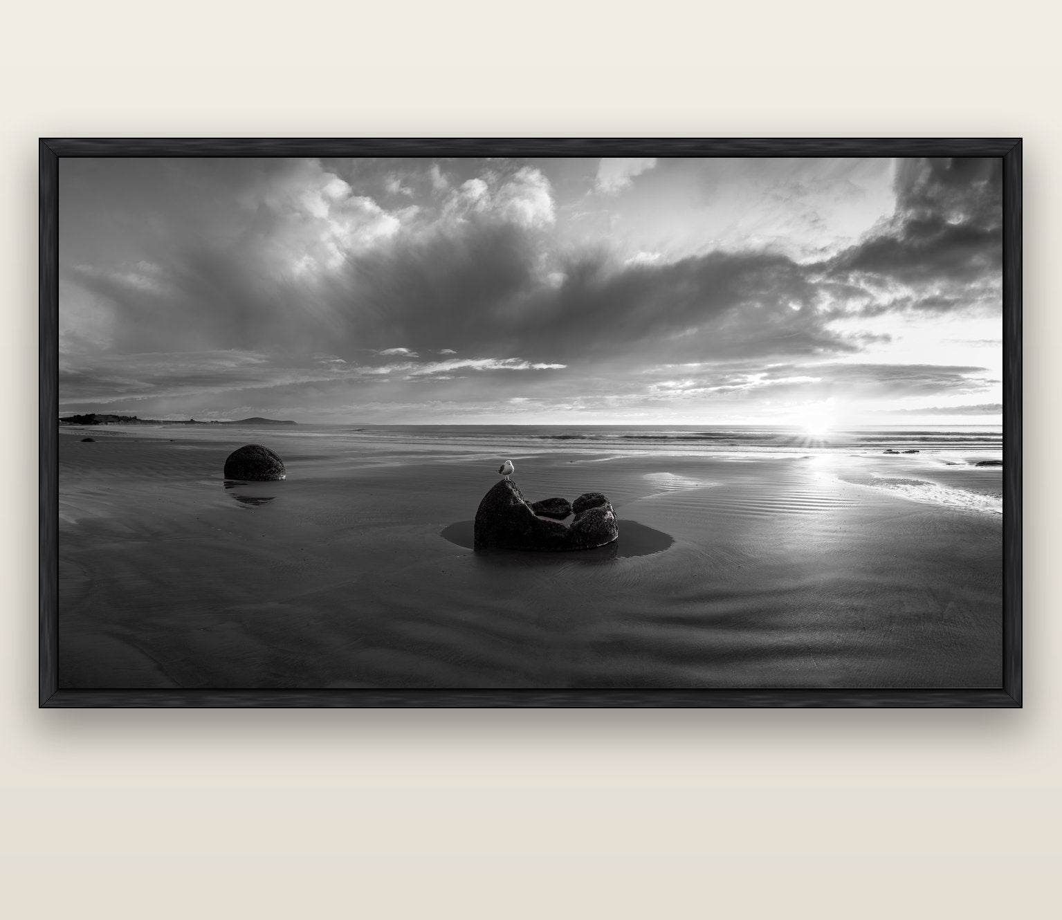 Eternal Guardians, Moeraki Boulders — black float frame canvas, 200 × 130 cm. New Zealand fine art landscape wall art by Stephen Milner.
