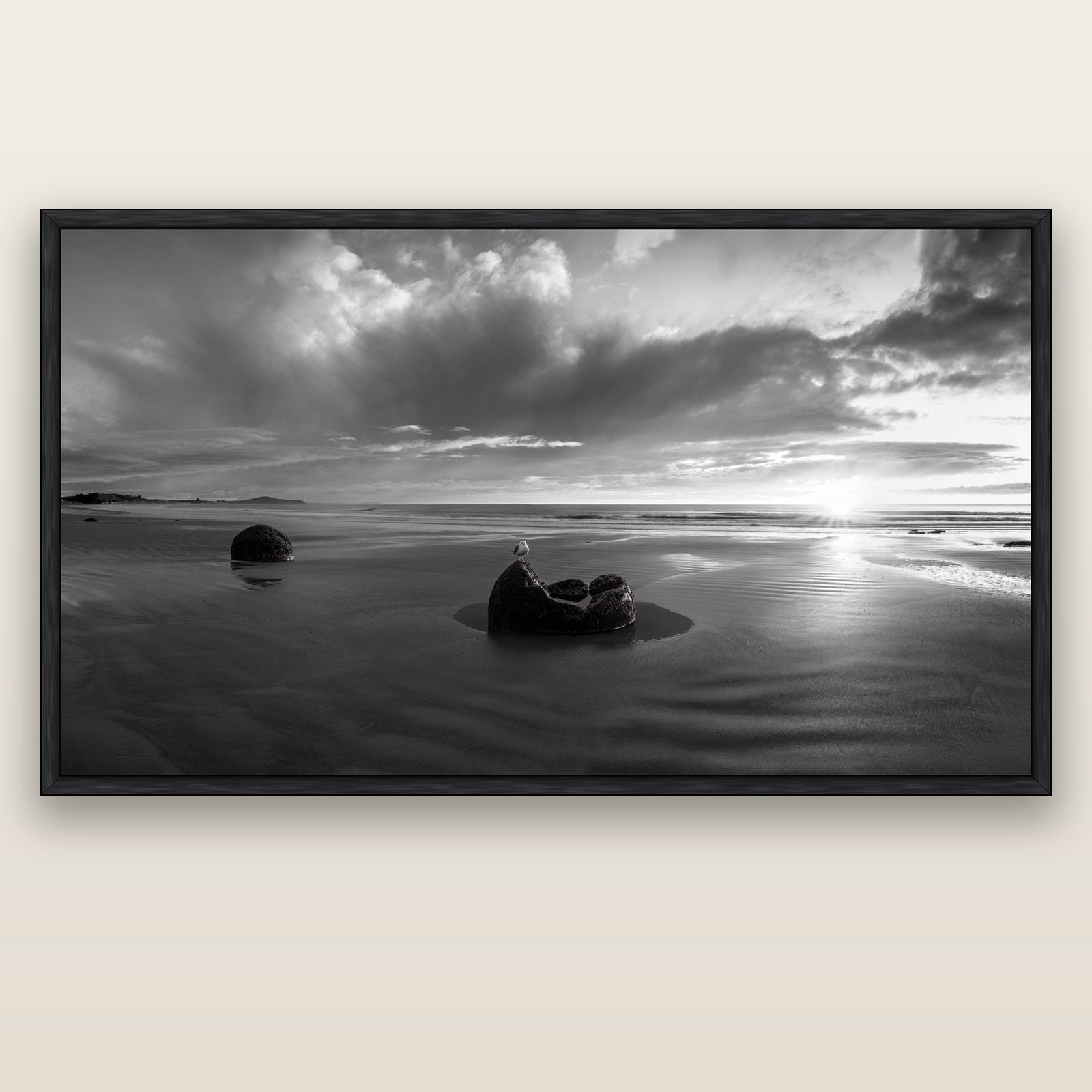 Eternal Guardians, Moeraki Boulders — black float frame canvas, 200 × 130 cm. New Zealand fine art landscape wall art by Stephen Milner.