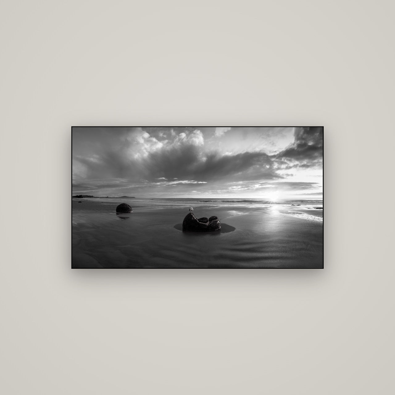 Eternal Guardians, Moeraki Boulders — Slimline Black, 107×60 cm. New Zealand fine art wall art by Stephen Milner.