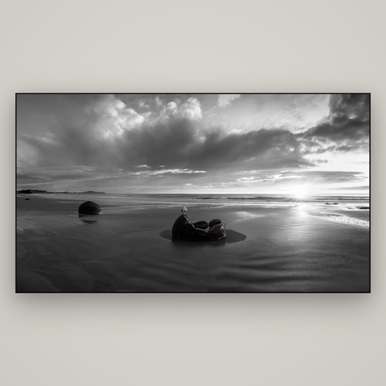 Eternal Guardians, Moeraki Boulders — Slimline Black, 196×110 cm. New Zealand fine art wall art by Stephen Milner.