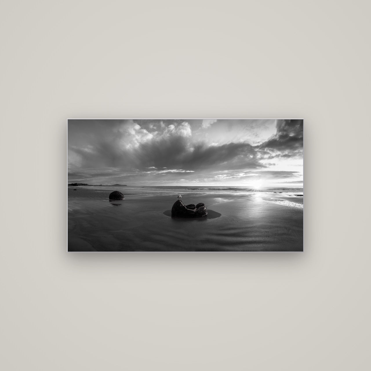 Eternal Guardians, Moeraki Boulders — Slimline Silver, 107×60 cm. New Zealand fine art wall art by Stephen Milner.