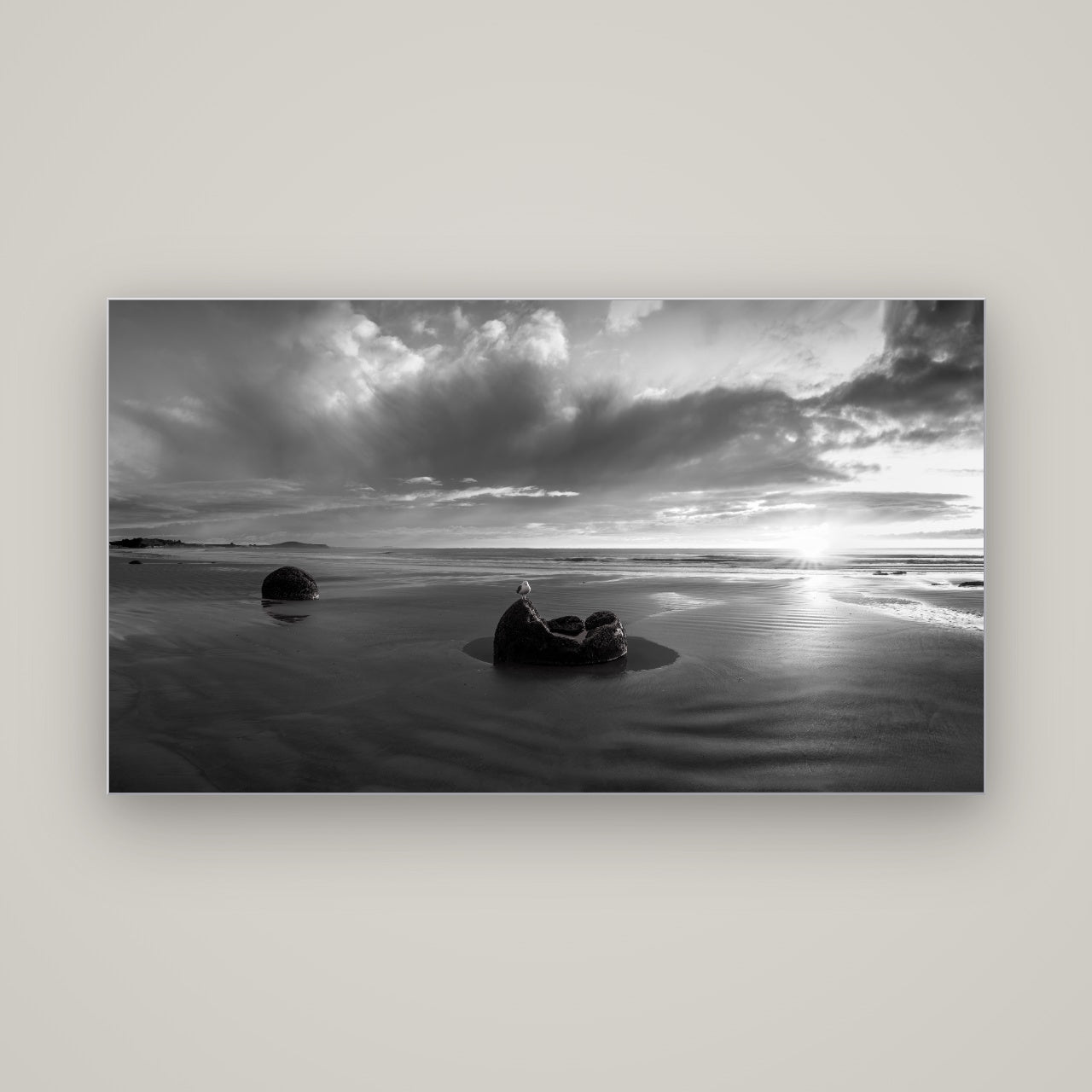 Eternal Guardians, Moeraki Boulders — Slimline Silver, 160×90 cm. New Zealand fine art wall art by Stephen Milner.