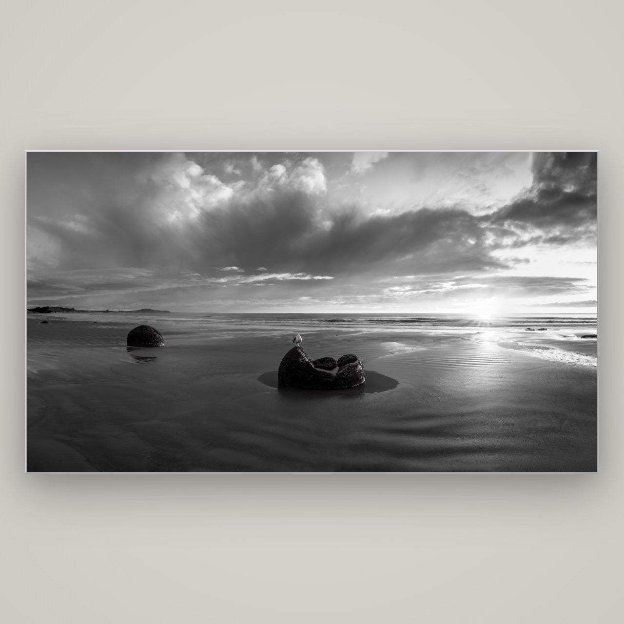 Eternal Guardians, Moeraki Boulders — Slimline Silver, 196×110 cm. New Zealand fine art wall art by Stephen Milner.
