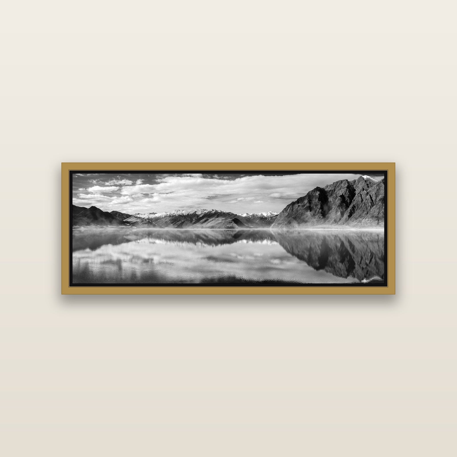 Ethereal Echoes, Lake Hāwea — Antique Gold framed metallic canvas print, small 86 × 30 cm. New Zealand fine art landscape wall art by Stephen Milner.