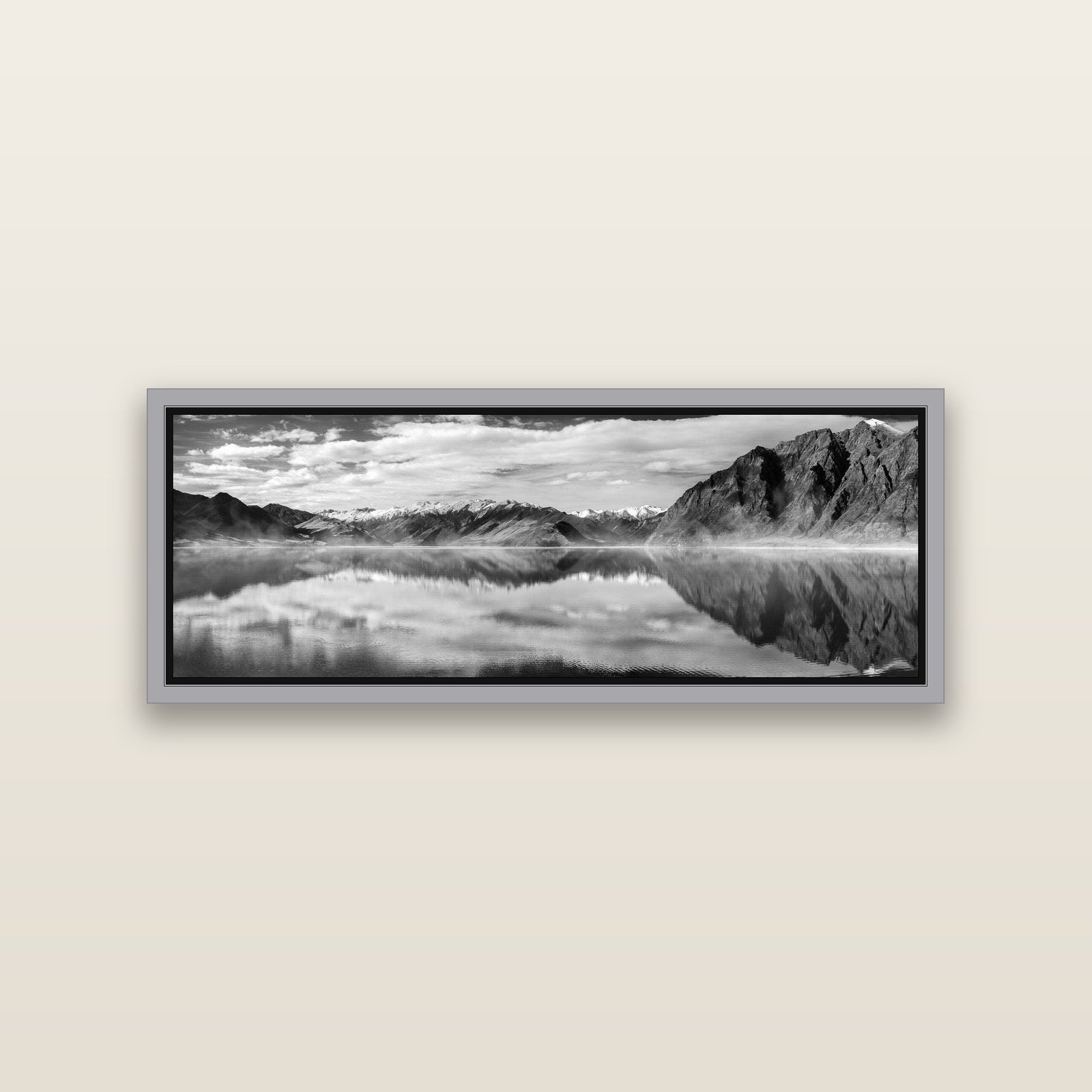 Ethereal Echoes, Lake Hāwea — Antique Silver framed metallic canvas print, small 86 × 30 cm. New Zealand fine art landscape wall art by Stephen Milner.