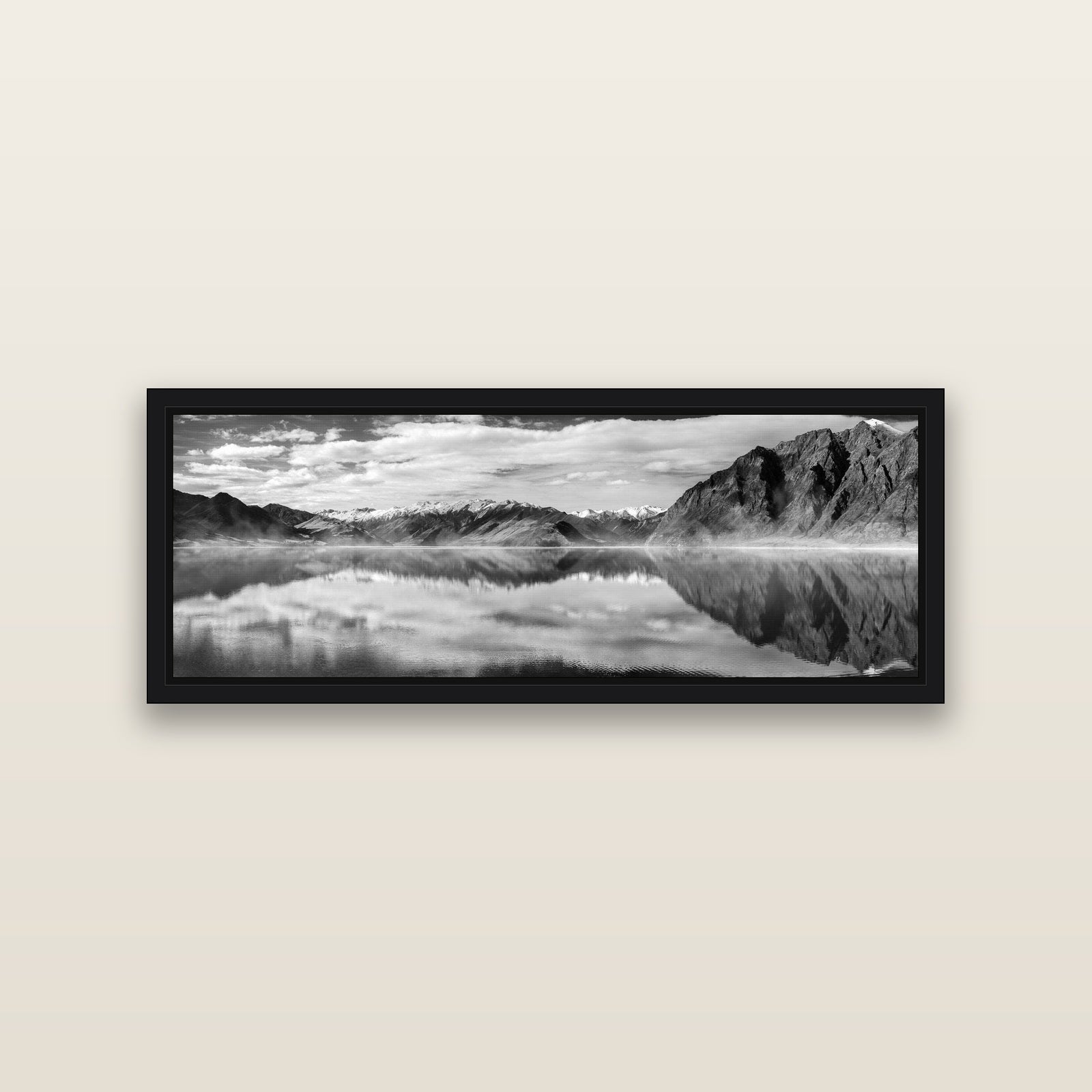 Ethereal Echoes, Lake Hāwea — Black framed metallic canvas print, small 86 × 30 cm. New Zealand fine art landscape wall art by Stephen Milner.