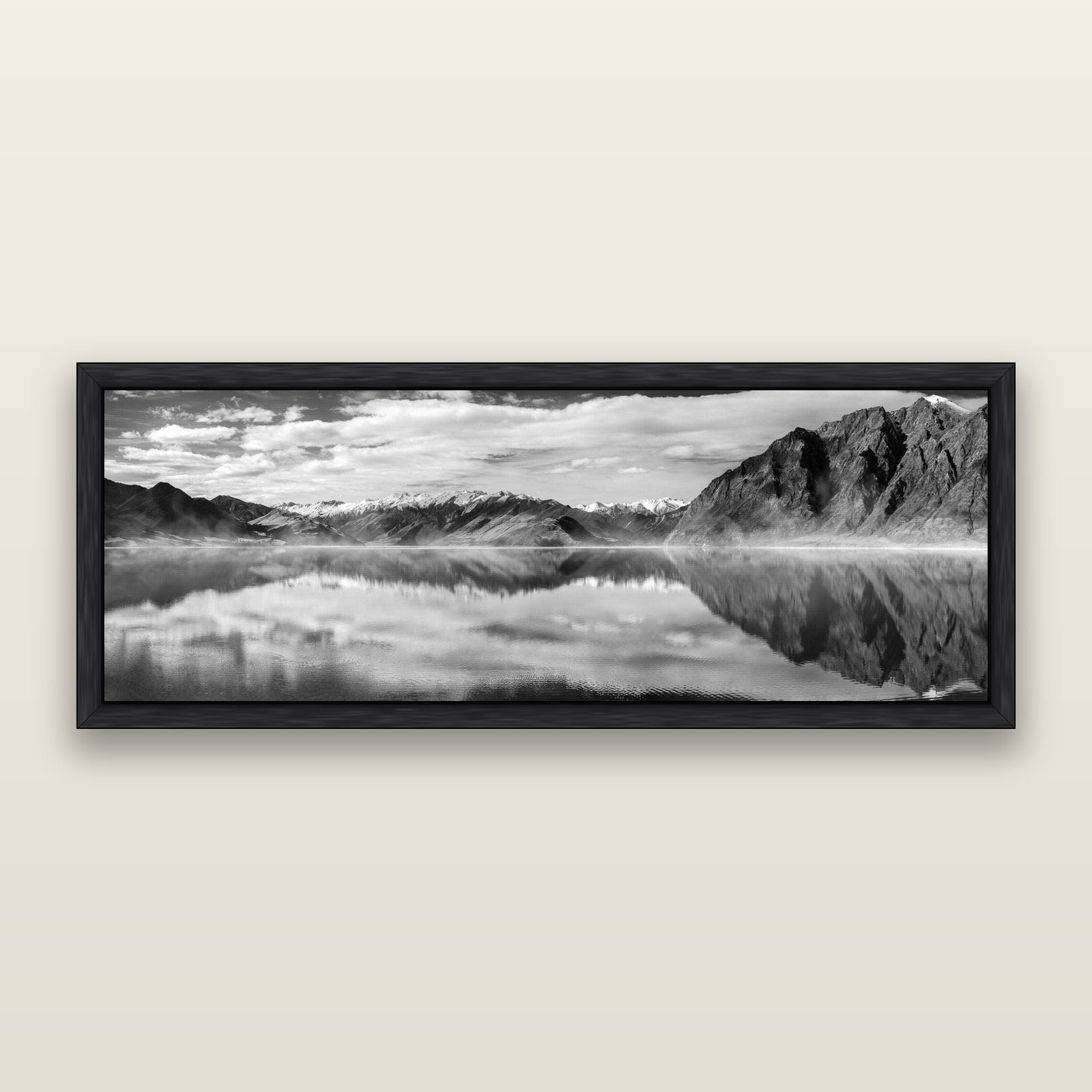 Ethereal Echoes, Lake Hāwea, framed metallic canvas print, Black frame. New Zealand fine art landscape wall art by Stephen Milner.