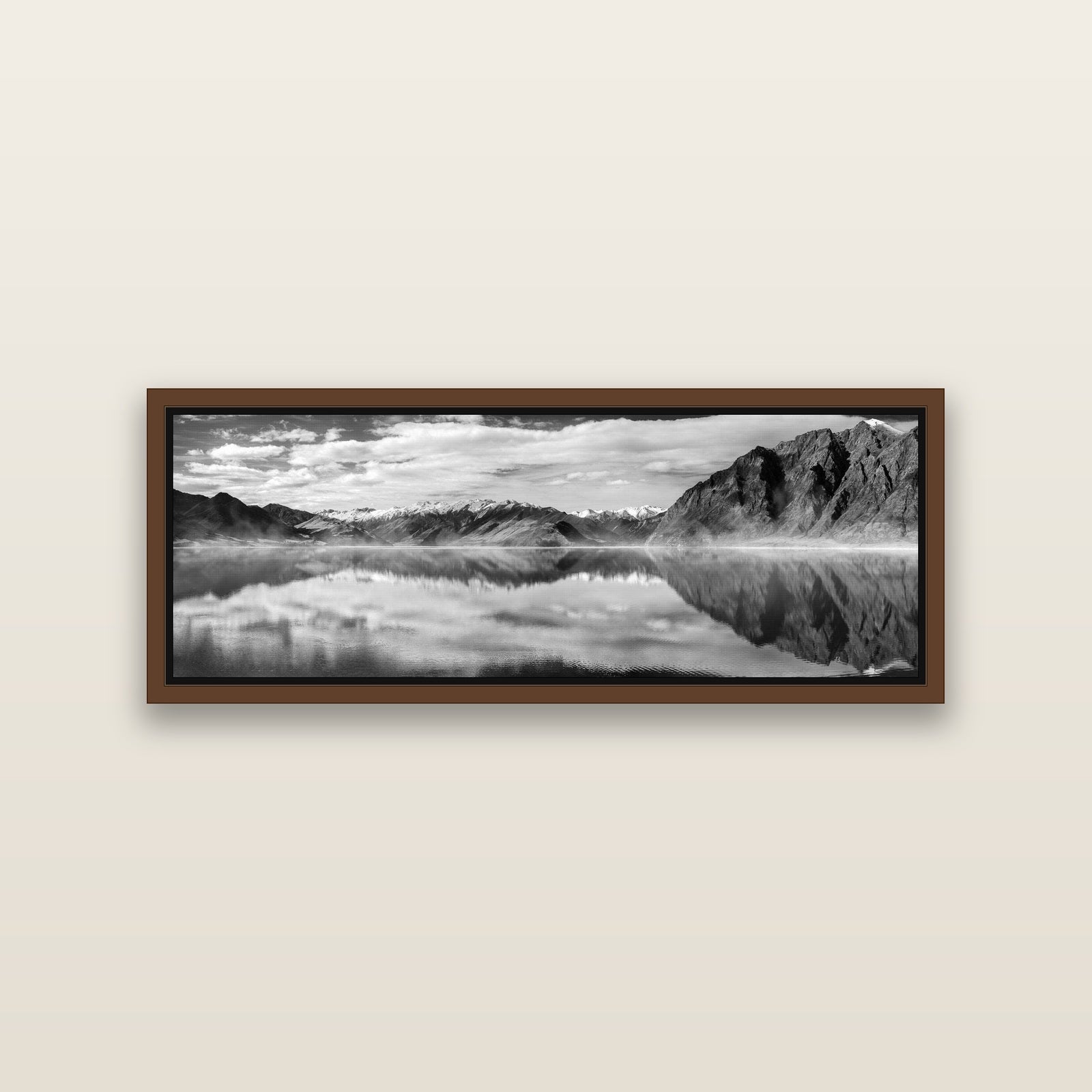 Ethereal Echoes, Lake Hāwea — Brown framed metallic canvas print, small 86 × 30 cm. New Zealand fine art landscape wall art by Stephen Milner.
