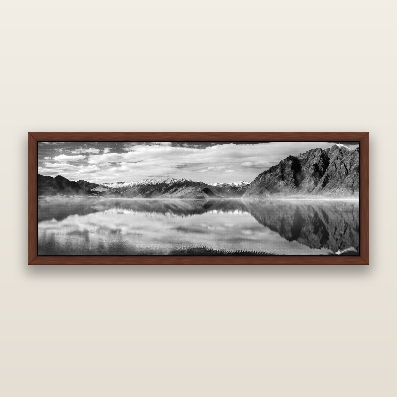 Ethereal Echoes, Lake Hāwea, framed metallic canvas print, Brown frame. New Zealand fine art landscape wall art by Stephen Milner.
