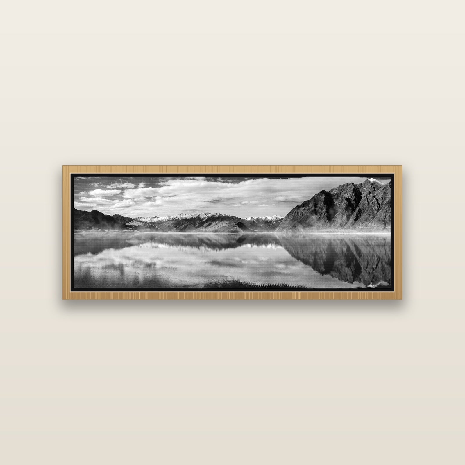 Ethereal Echoes, Lake Hāwea — Natural framed metallic canvas print, small 86 × 30 cm. New Zealand fine art landscape wall art by Stephen Milner.