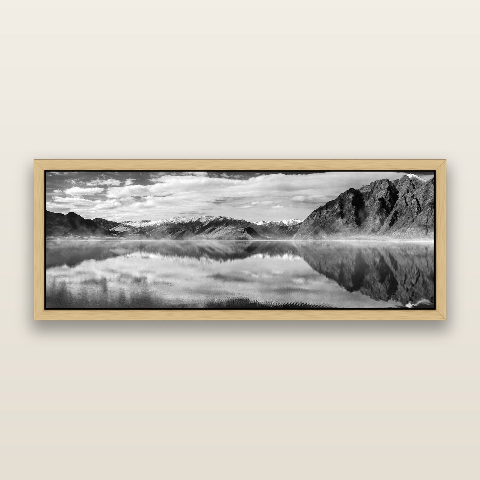 Ethereal Echoes, Lake Hāwea, framed metallic canvas print, Natural frame. New Zealand fine art landscape wall art by Stephen Milner.