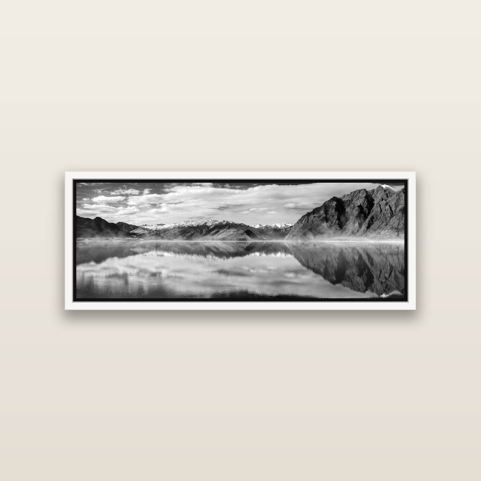 Ethereal Echoes, Lake Hāwea — White framed metallic canvas print, small 86 × 30 cm. New Zealand fine art landscape wall art by Stephen Milner.