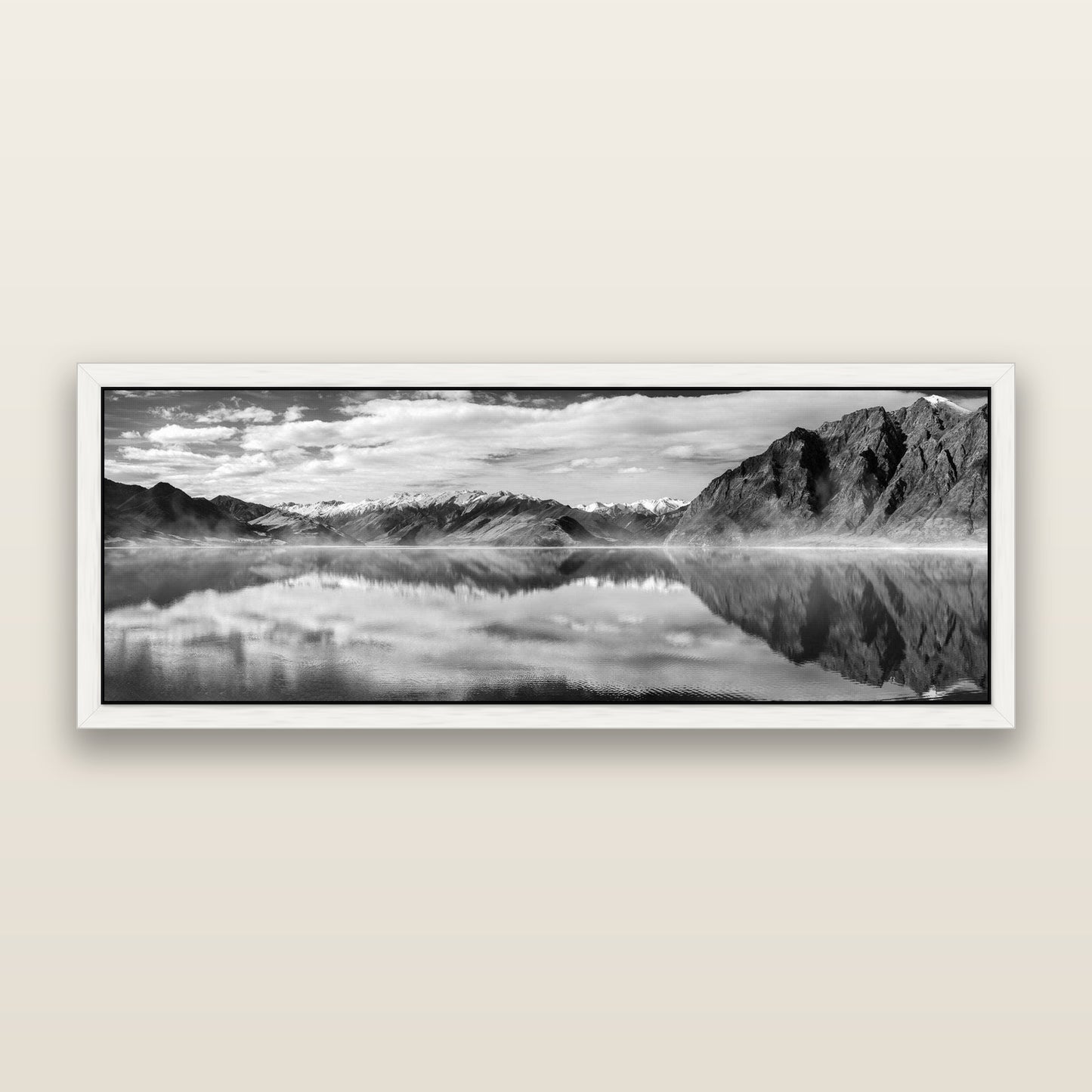 Ethereal Echoes, Lake Hāwea — framed metallic canvas print, White frame. New Zealand fine art landscape wall art by Stephen Milner.