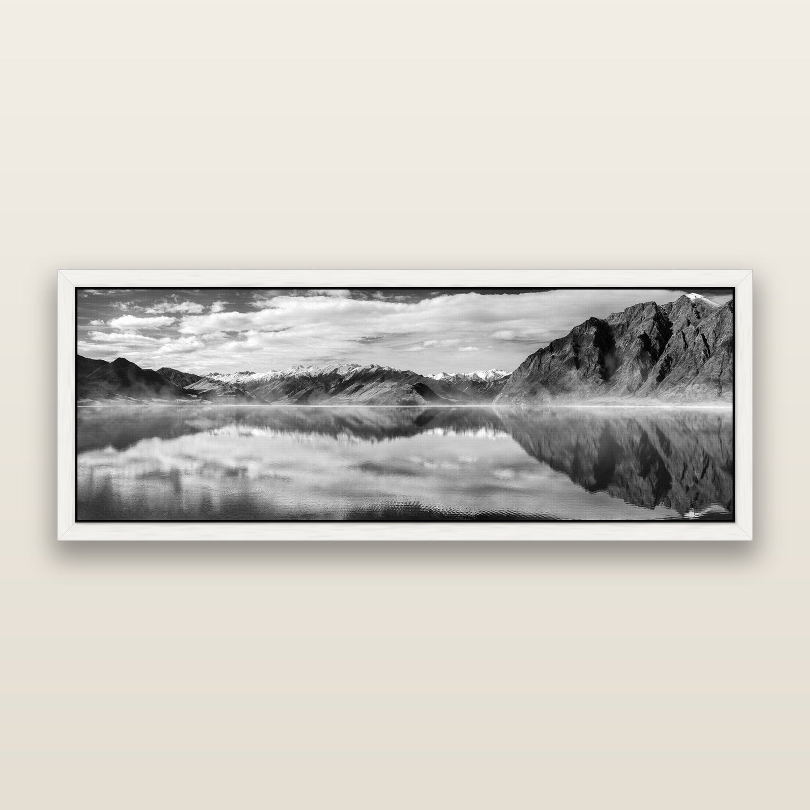Ethereal Echoes, Lake Hāwea, framed metallic canvas print, White frame. New Zealand fine art landscape wall art by Stephen Milner.
