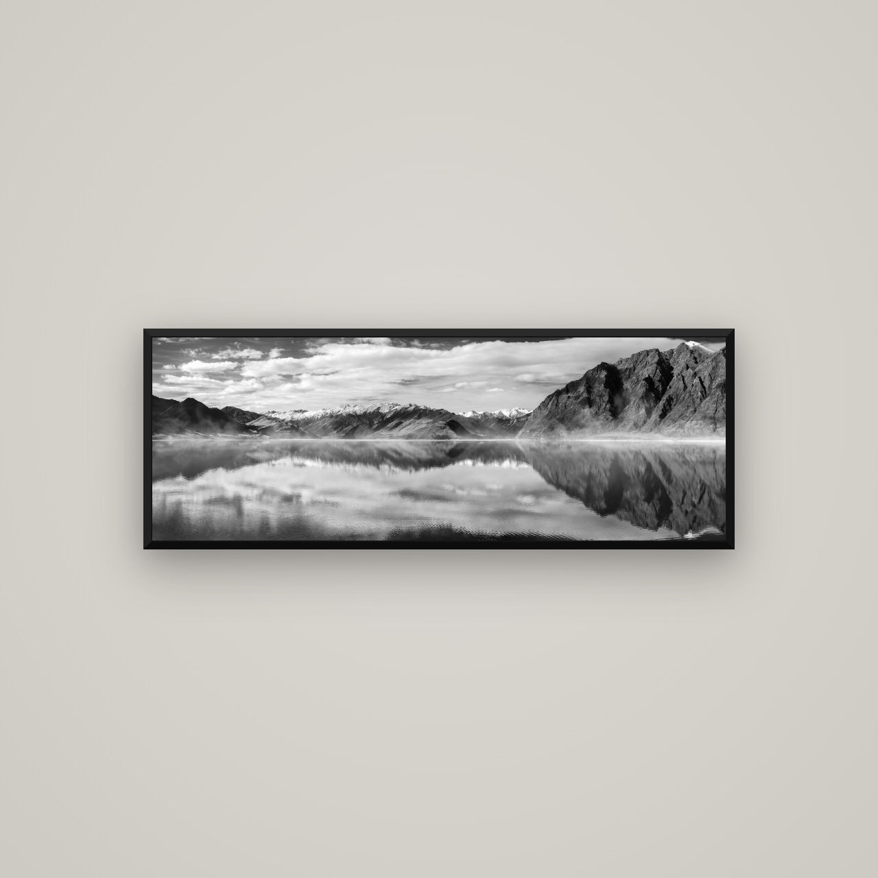 Ethereal Echoes, Lake Hāwea — Basel Black, 113×40 cm. New Zealand fine art wall art by Stephen Milner.