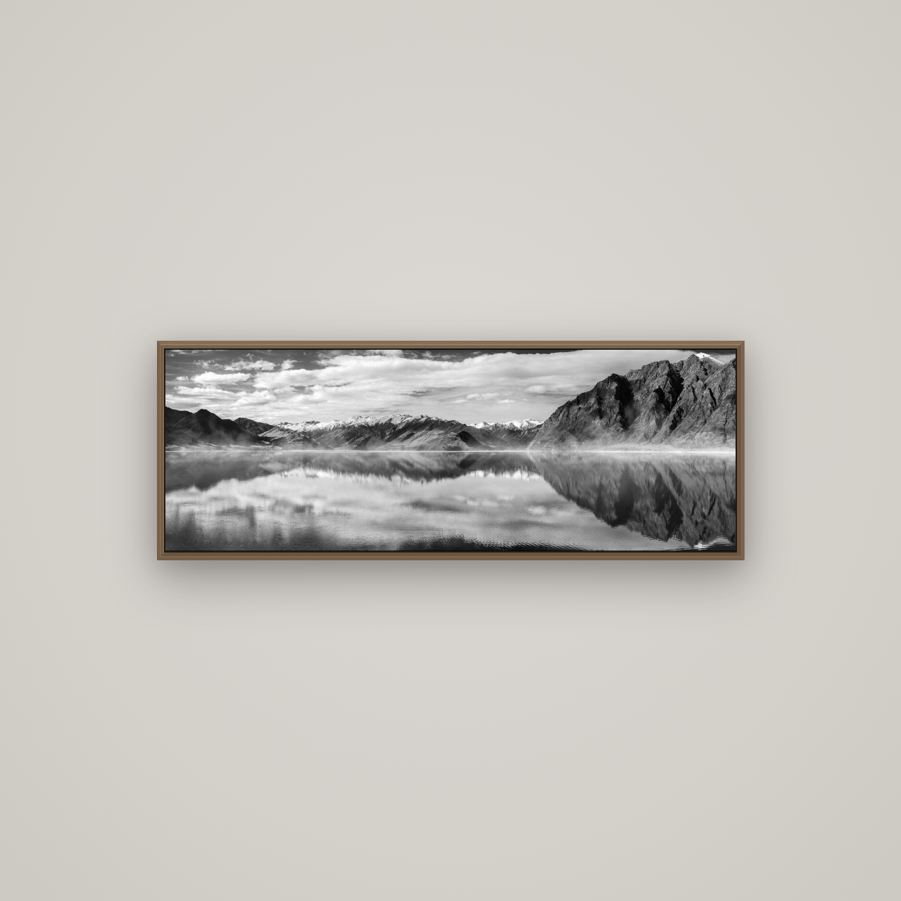 Ethereal Echoes, Lake Hāwea, Basel Walnut, 113×40 cm. New Zealand fine art wall art by Stephen Milner.
