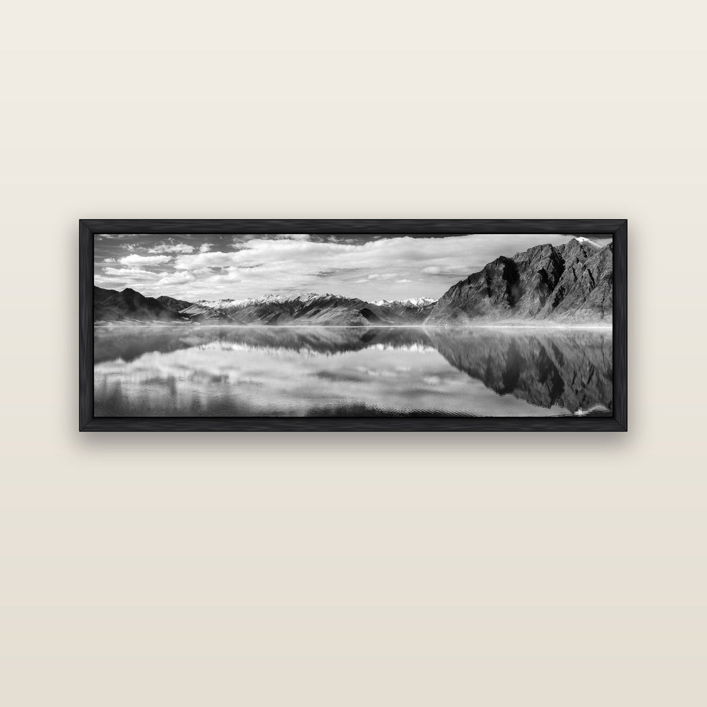 Ethereal Echoes, Lake Hāwea — black float frame canvas, 152 × 56 cm. New Zealand fine art landscape wall art by Stephen Milner.