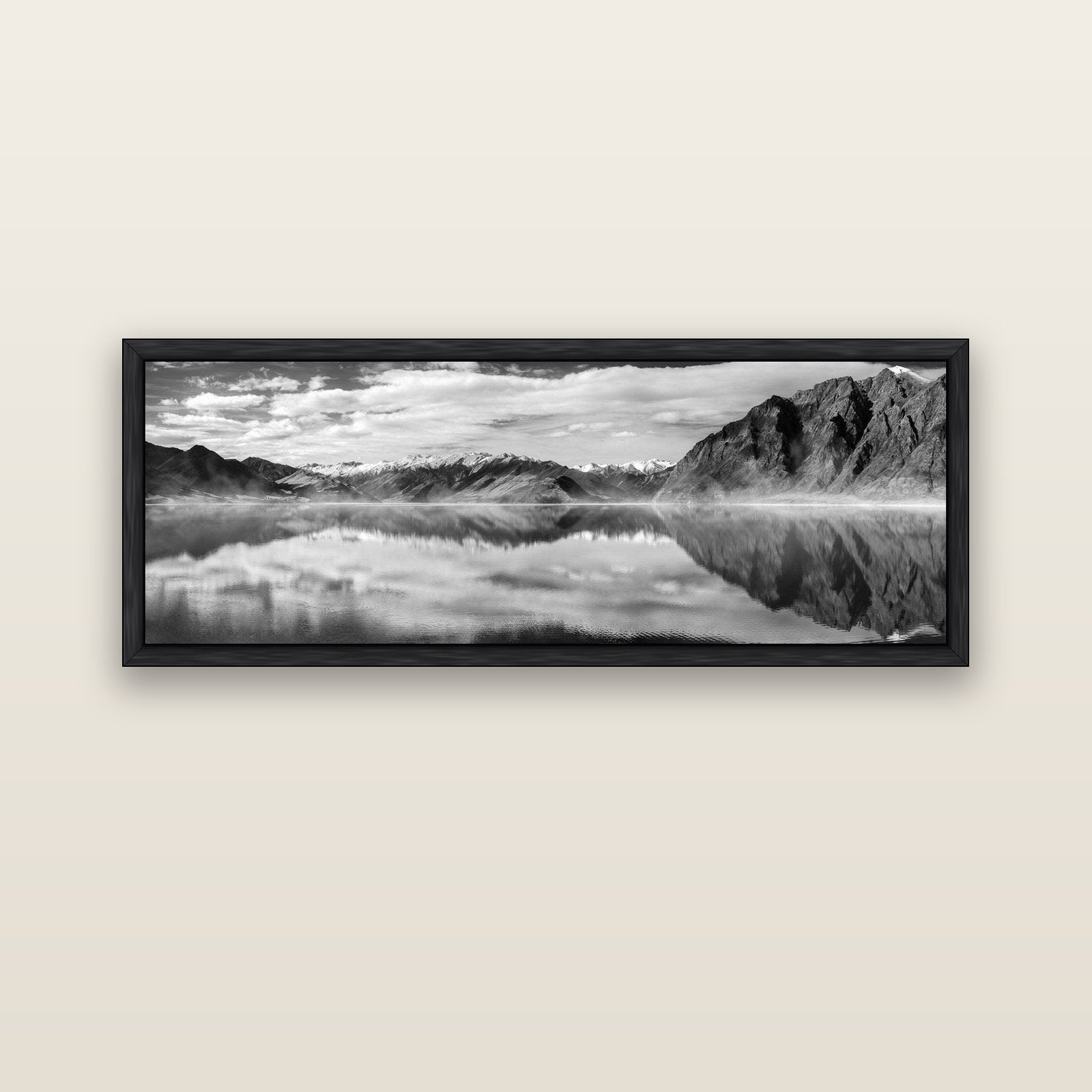 Ethereal Echoes, Lake Hāwea — black float frame canvas, 152 × 56 cm. New Zealand fine art landscape wall art by Stephen Milner.