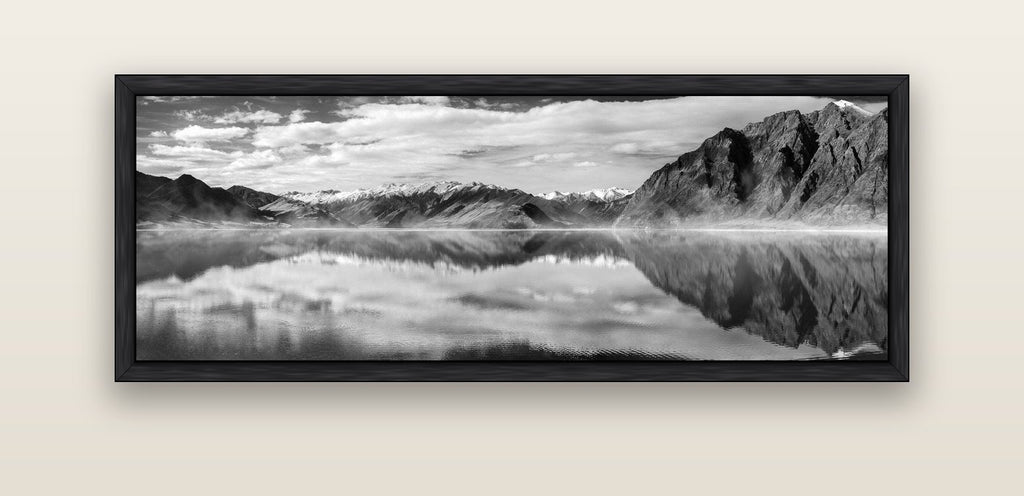 Ethereal Echoes, Lake Hāwea — black float frame canvas, 152 × 56 cm. New Zealand fine art landscape wall art by Stephen Milner.