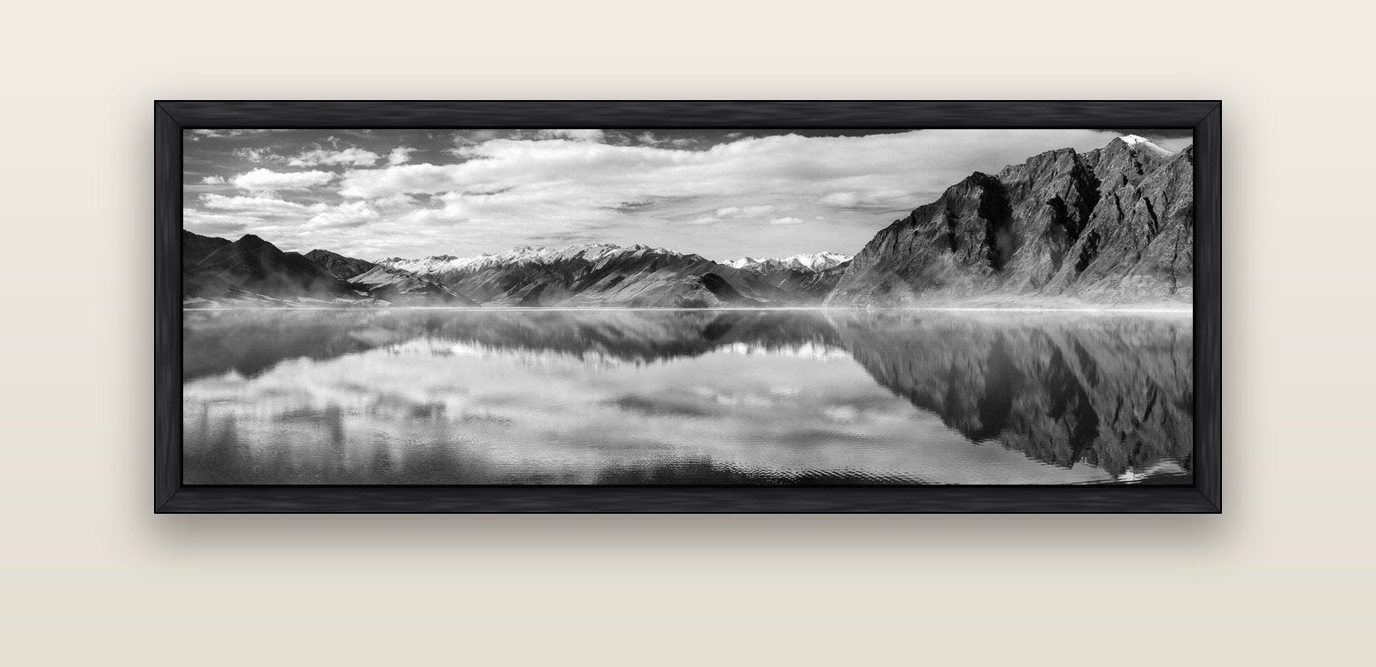 Ethereal Echoes, Lake Hāwea — black float frame canvas, 152 × 56 cm. New Zealand fine art landscape wall art by Stephen Milner.