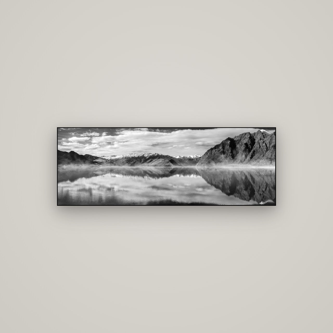 Ethereal Echoes, Lake Hāwea — Slimline Black, 113×40 cm. New Zealand fine art wall art by Stephen Milner.