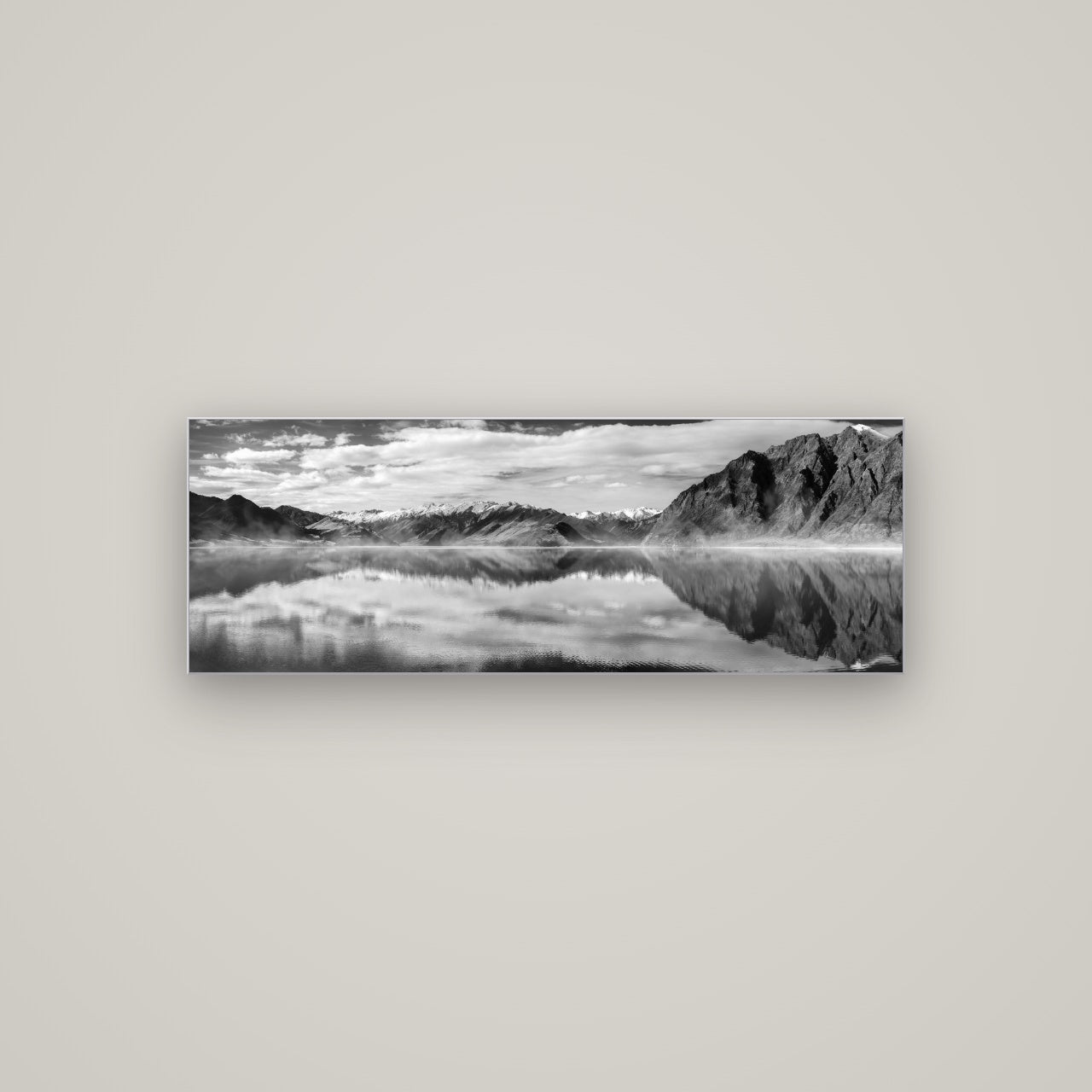 Ethereal Echoes, Lake Hāwea — Slimline Silver, 113×40 cm. New Zealand fine art wall art by Stephen Milner.