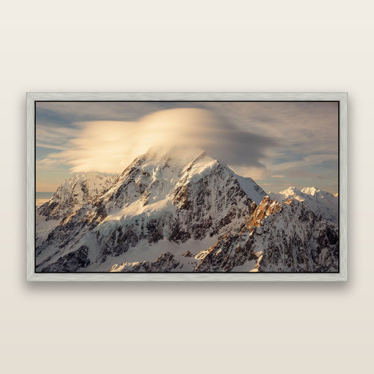 Ethereal Majesty, Mount Cook's Lenticular Veil — framed metallic canvas print, Antique Silver frame. New Zealand fine art landscape wall art by Stephen Milner.