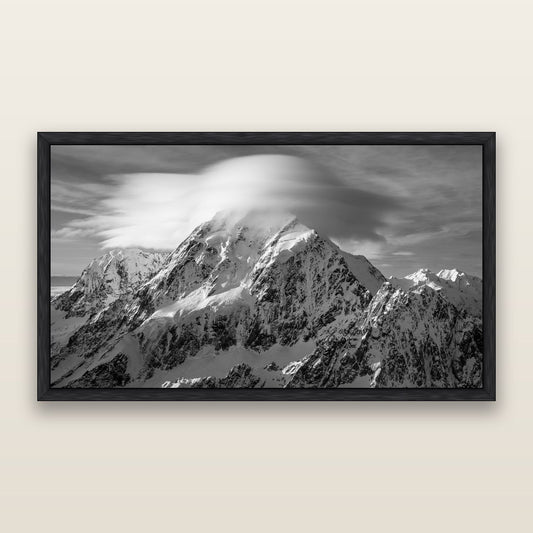 Ethereal Majesty, Mount Cook's Lenticular Veil, black and white framed metallic canvas print, Black frame. New Zealand fine art wall art by Stephen Milner.