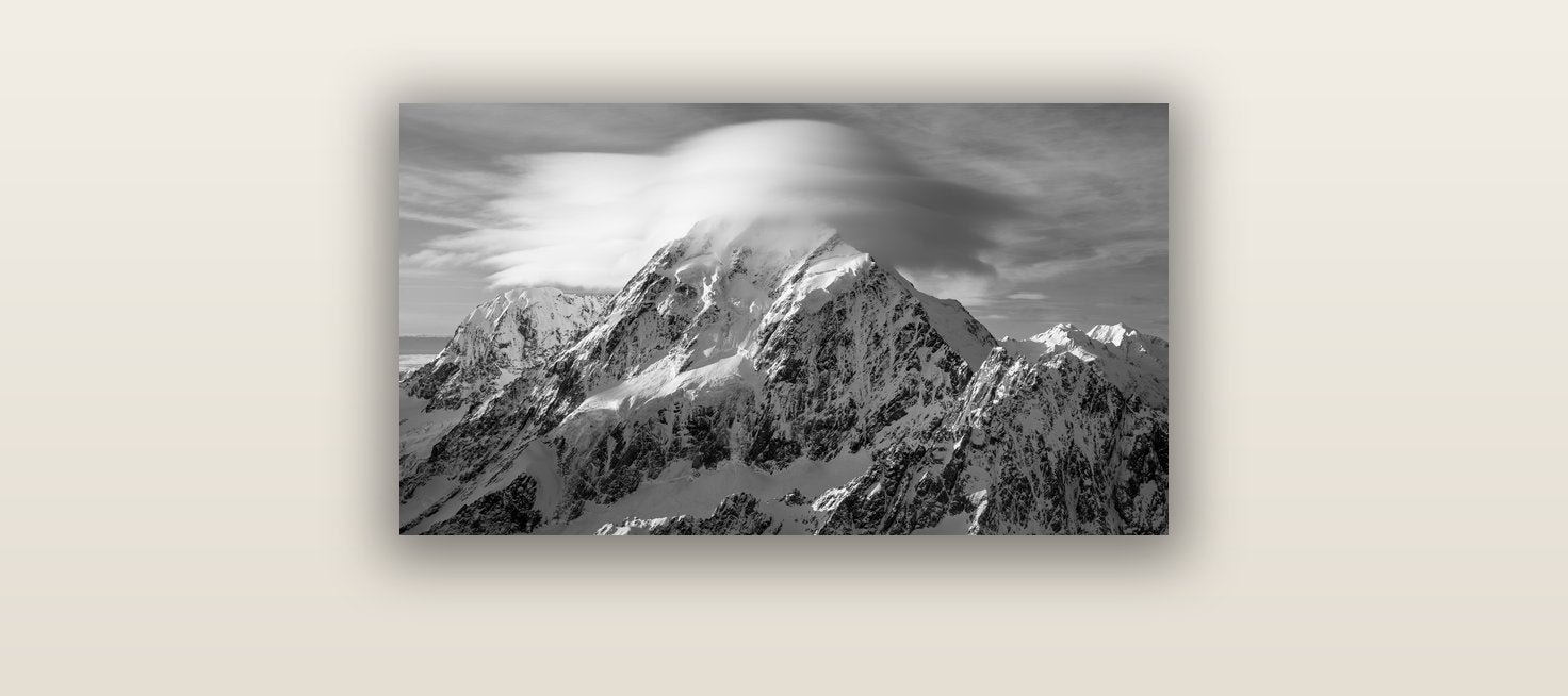 Ethereal Majesty, Mount Cook's Lenticular Veil — acrylic glass print, 61 × 30 cm. New Zealand fine art landscape wall art by Stephen Milner.
