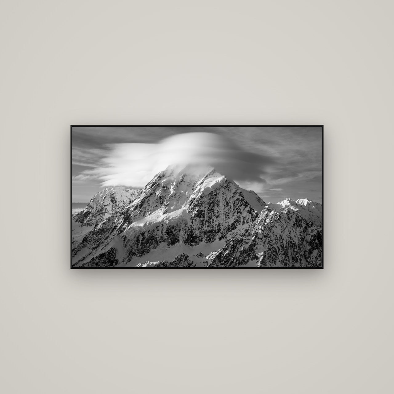 Ethereal Majesty, Mount Cook's Lenticular Veil — ArtBox Black, 107×60 cm. New Zealand fine art wall art by Stephen Milner.