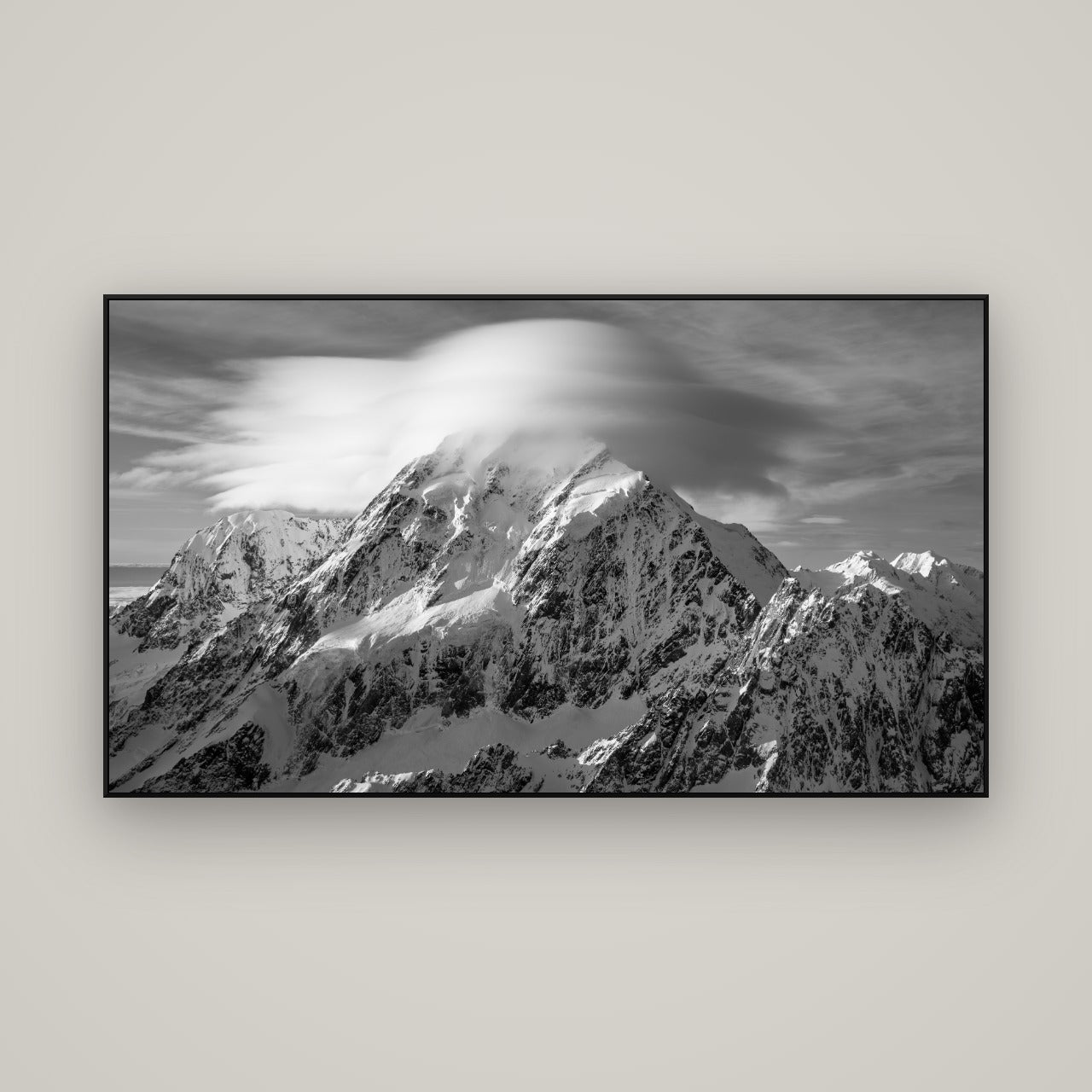 Ethereal Majesty, Mount Cook's Lenticular Veil — ArtBox Black, 160×90 cm. New Zealand fine art wall art by Stephen Milner.