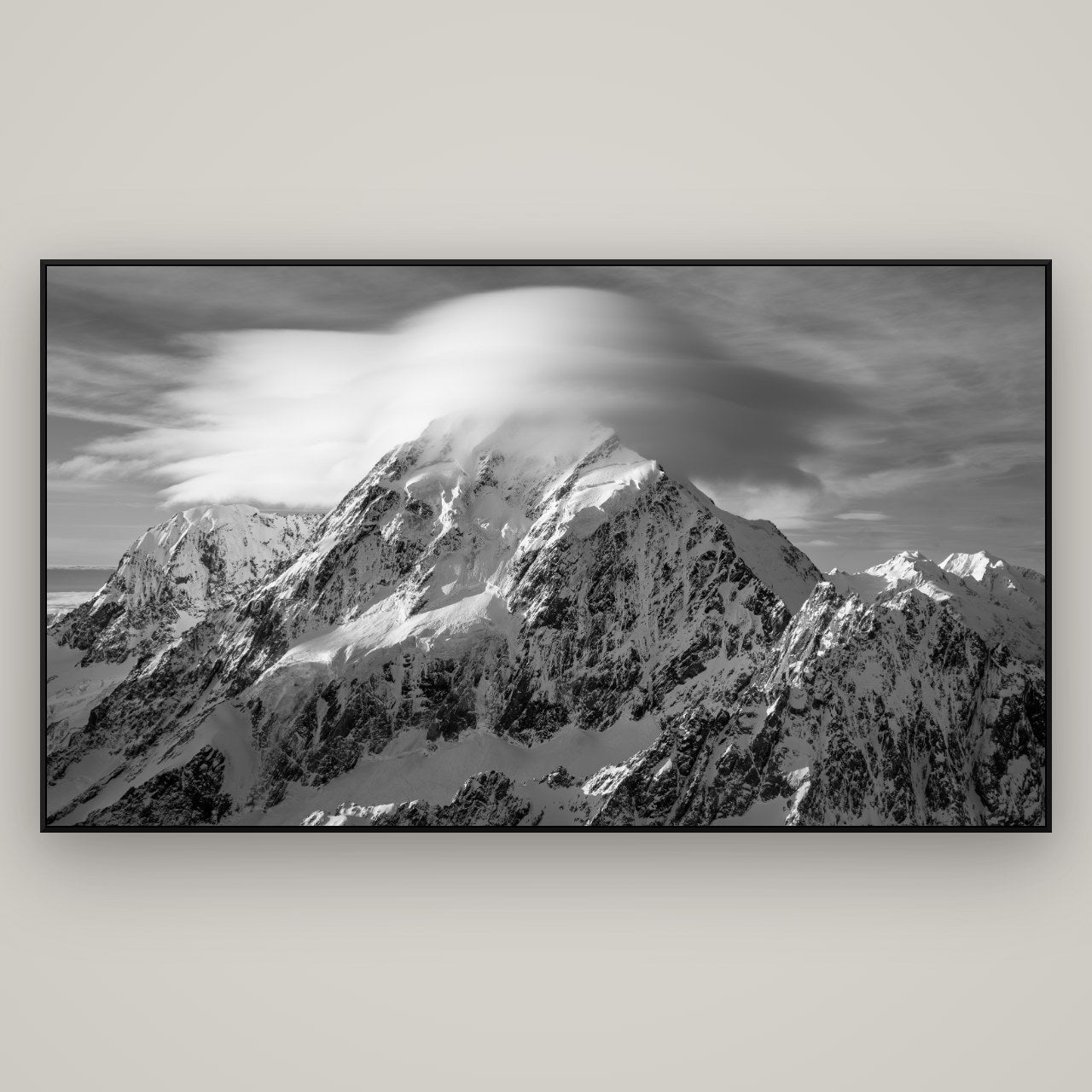 Ethereal Majesty, Mount Cook's Lenticular Veil — ArtBox Black, 196×110 cm. New Zealand fine art wall art by Stephen Milner.