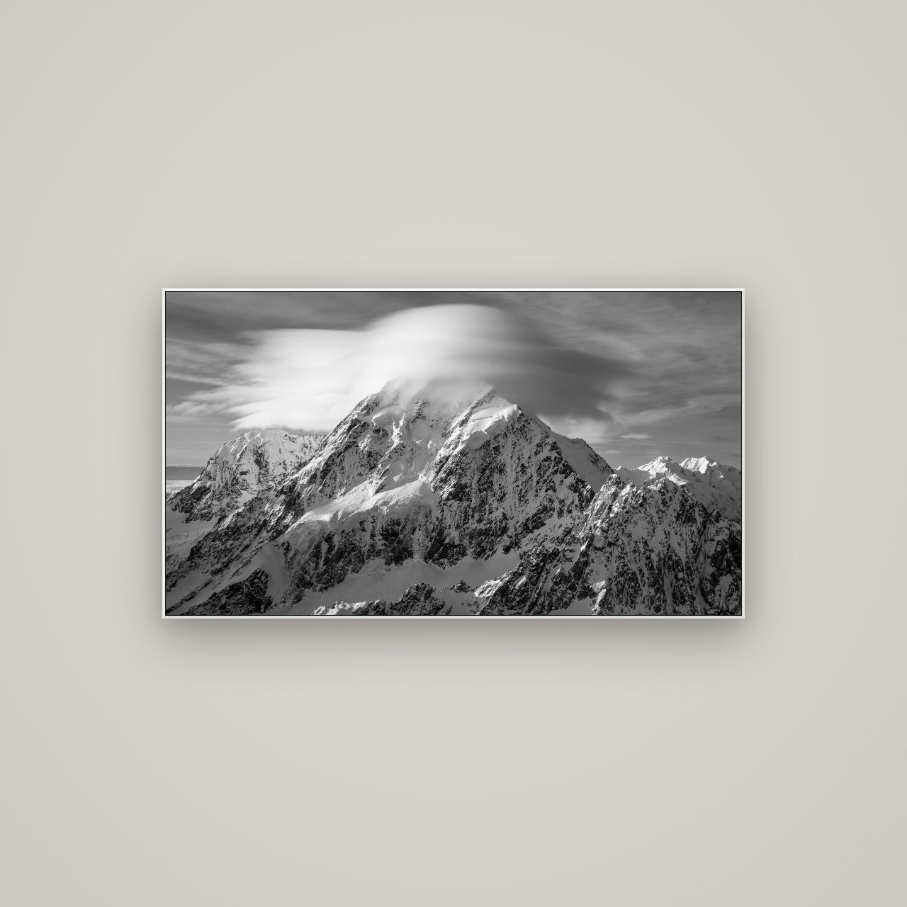 Ethereal Majesty, Mount Cook's Lenticular Veil — ArtBox White, 107×60 cm. New Zealand fine art wall art by Stephen Milner.