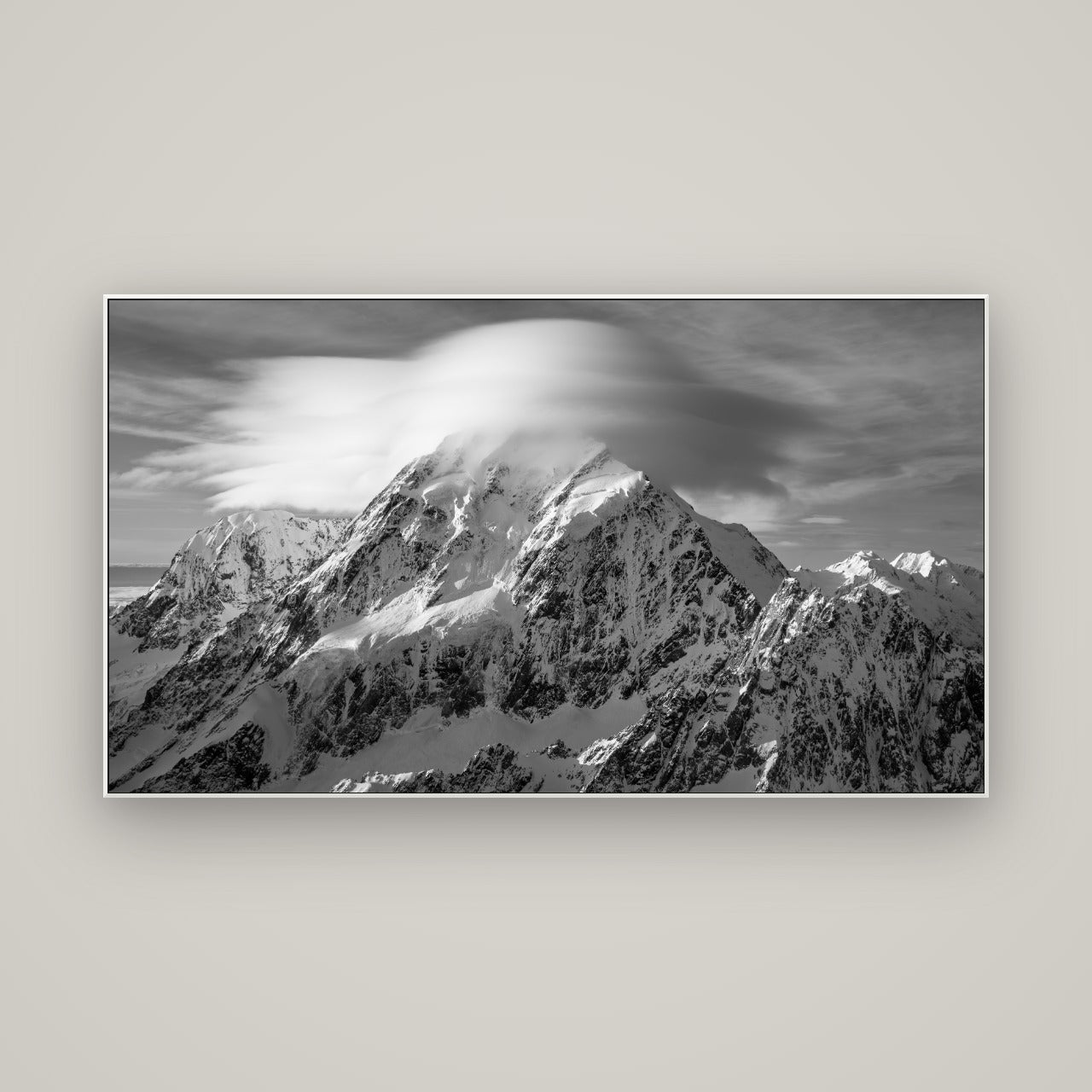 Ethereal Majesty, Mount Cook's Lenticular Veil — ArtBox White, 160×90 cm. New Zealand fine art wall art by Stephen Milner.