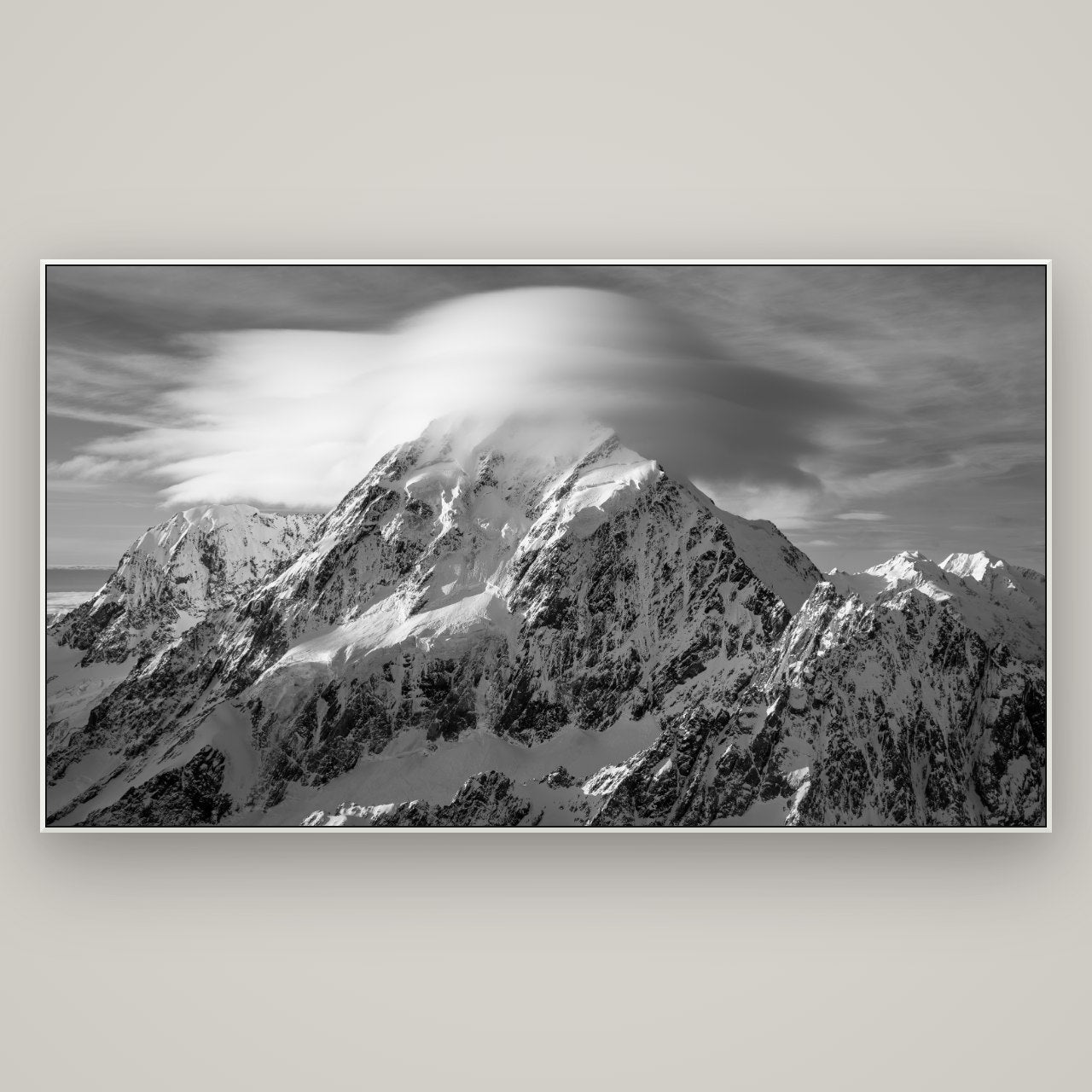 Ethereal Majesty, Mount Cook's Lenticular Veil — ArtBox White, 196×110 cm. New Zealand fine art wall art by Stephen Milner.